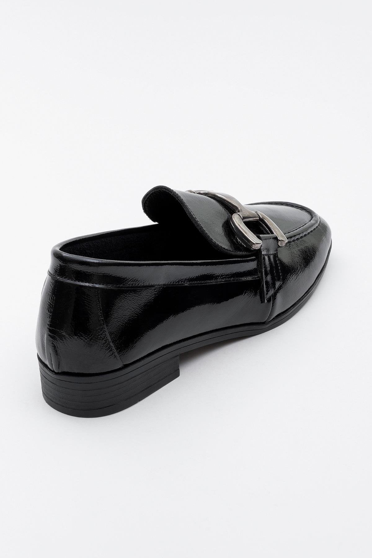 Rous - Black Patent Leather Bit Loafers – heel view showing leather, black, red, Vowalisse