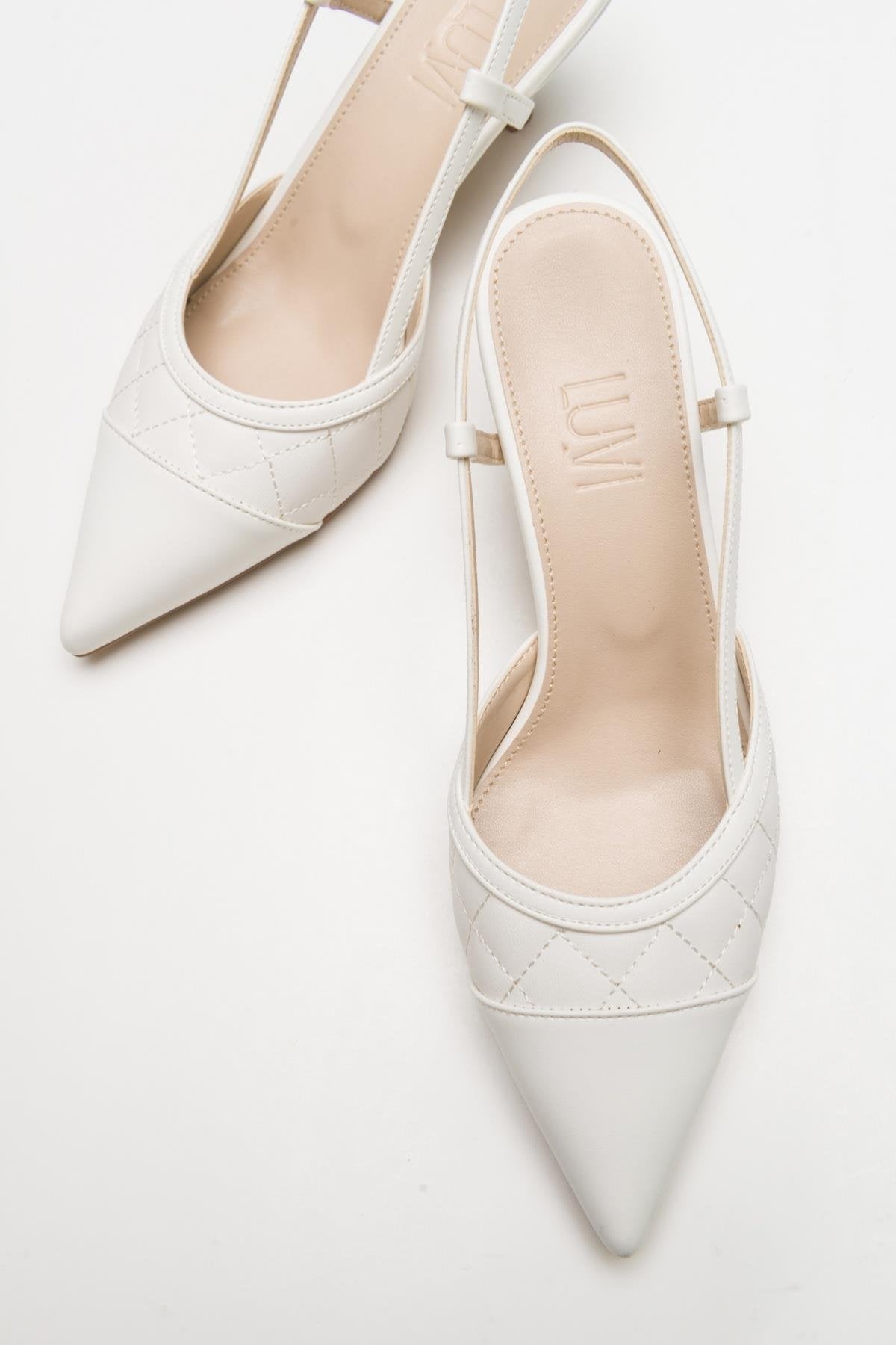 Point - White Heeled Shoe – detail view showing leather, white, Vowalisse