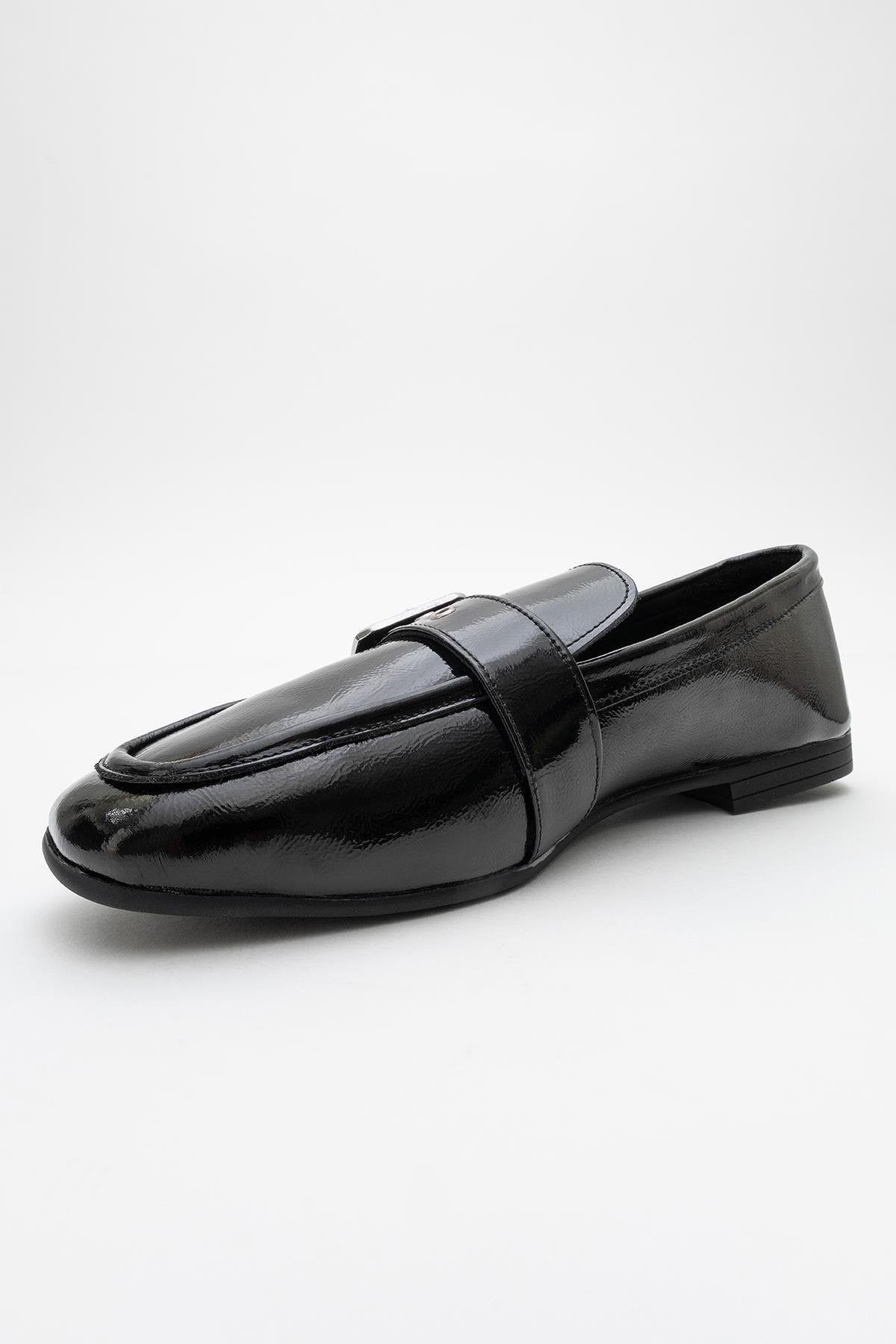 Clarion - Black Patent Leather Loafers – detail view showing leather, black, red, Vowalisse