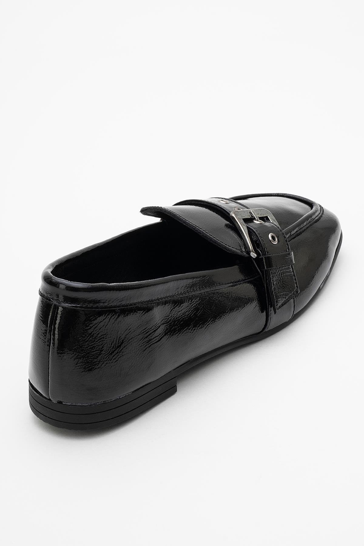 Clarion - Black Patent Leather Loafers – heel view showing leather, black, red, Vowalisse