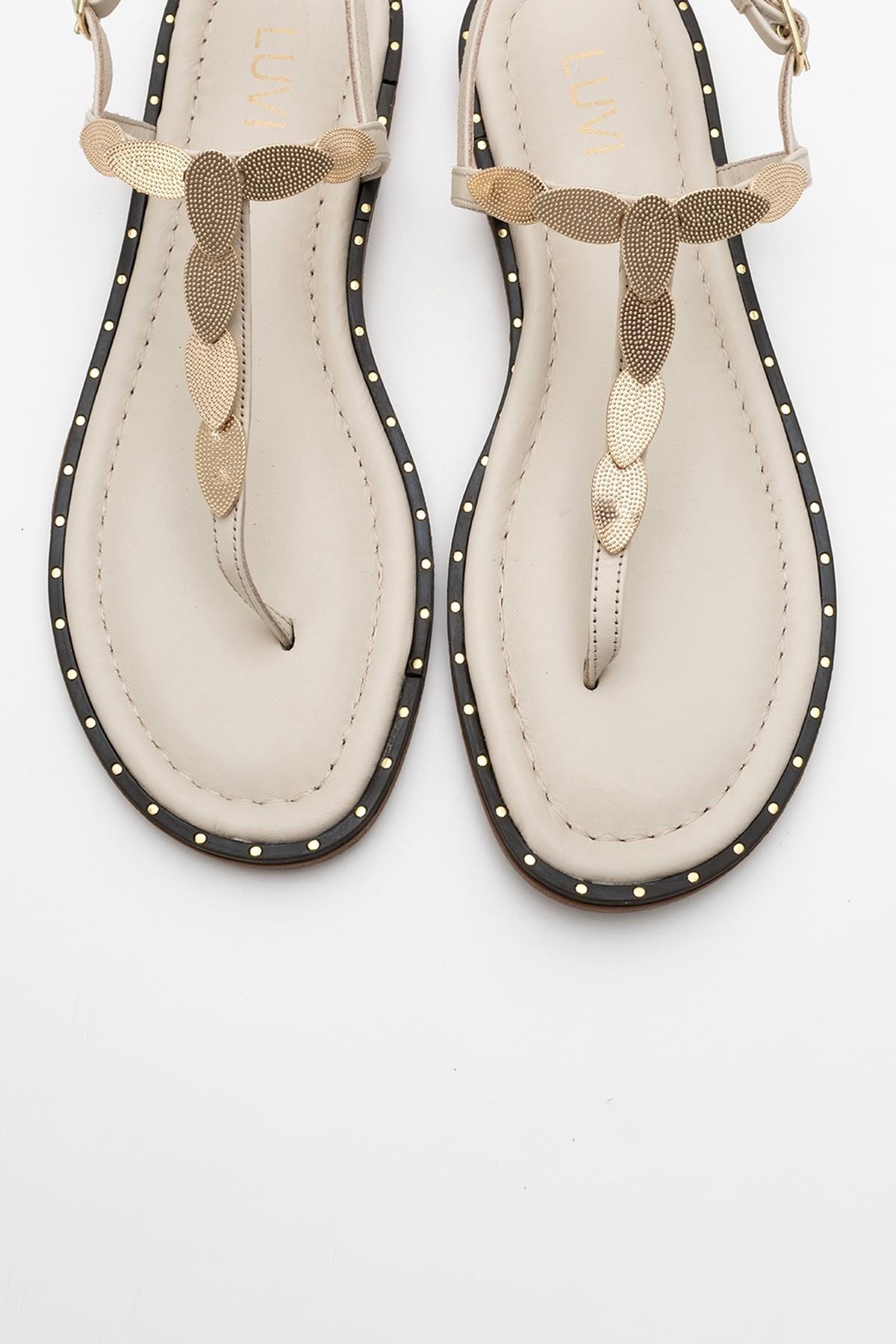 Marea - Beige Leather Flat Sandal – side view showing leather, Vowalisse