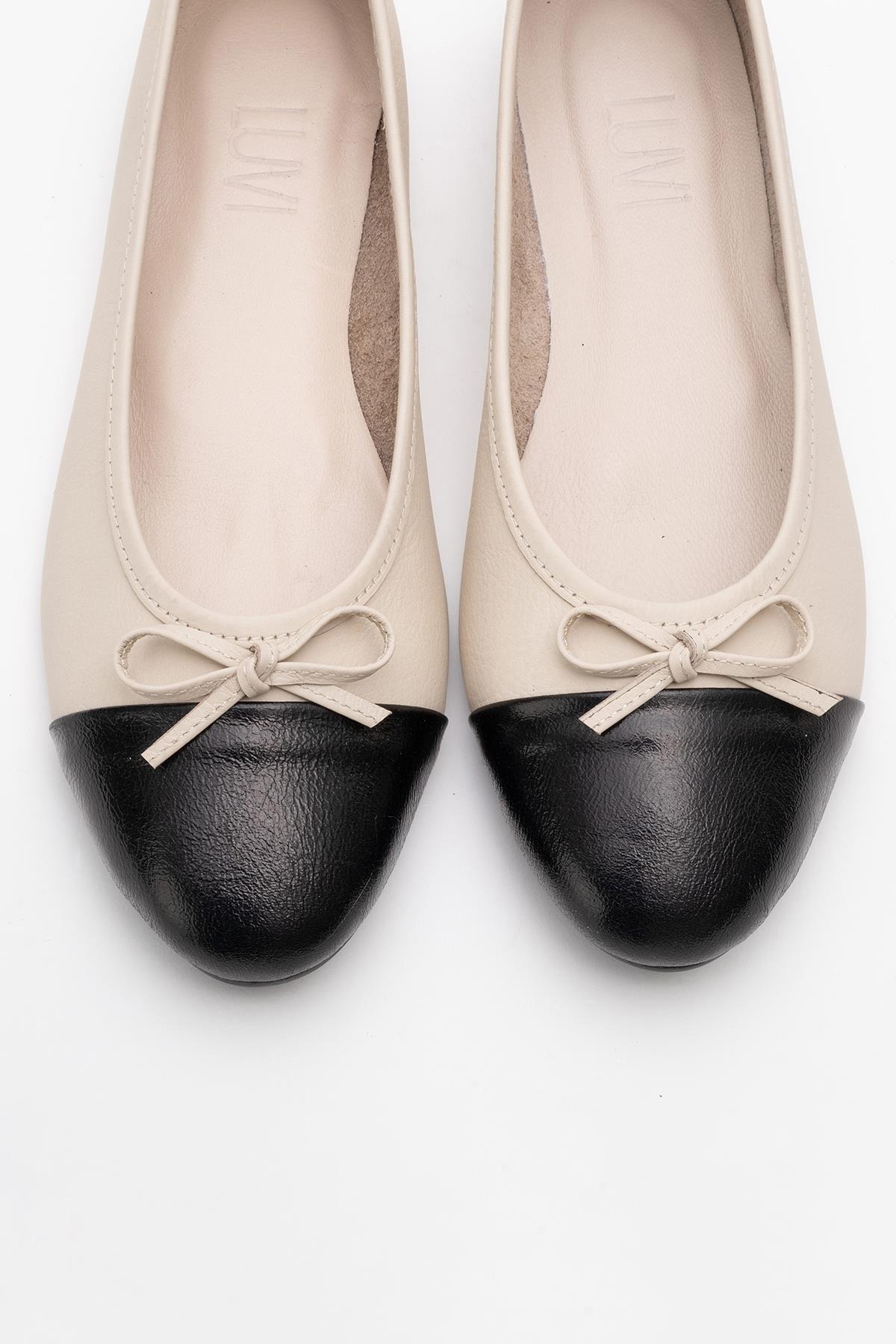 Jens - Beige Toe Cap Leather Ballet Flats – side view showing bow, leather, Vowalisse