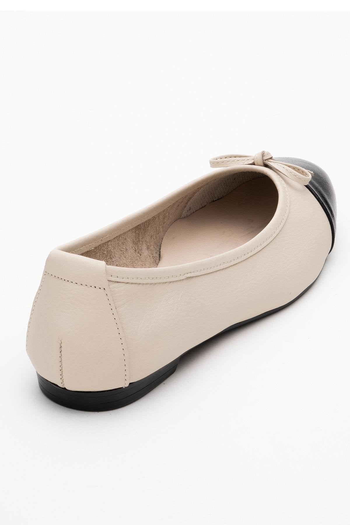 Jens - Beige Toe Cap Leather Ballet Flats – heel view showing bow, leather, Vowalisse
