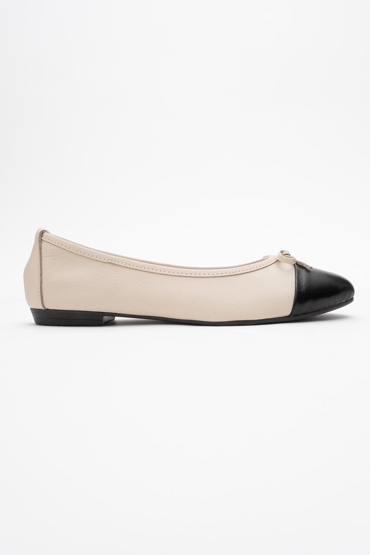 Jens - Beige Toe Cap Leather Ballet Flats – back view showing bow, leather, Vowalisse