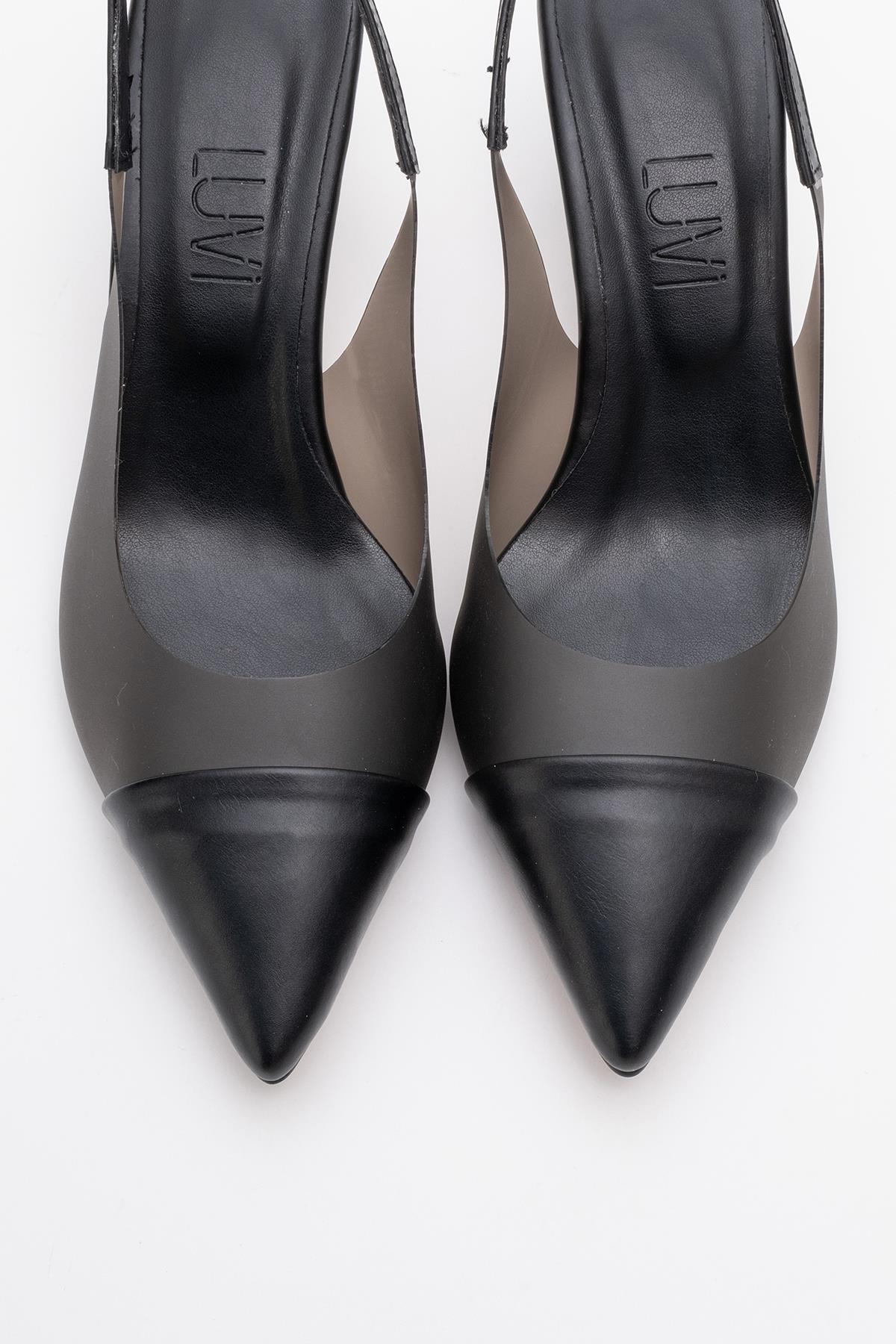 Moore - Black Transparent Open Back Pointed Toe Pump – side view showing leather, black, Vowalisse