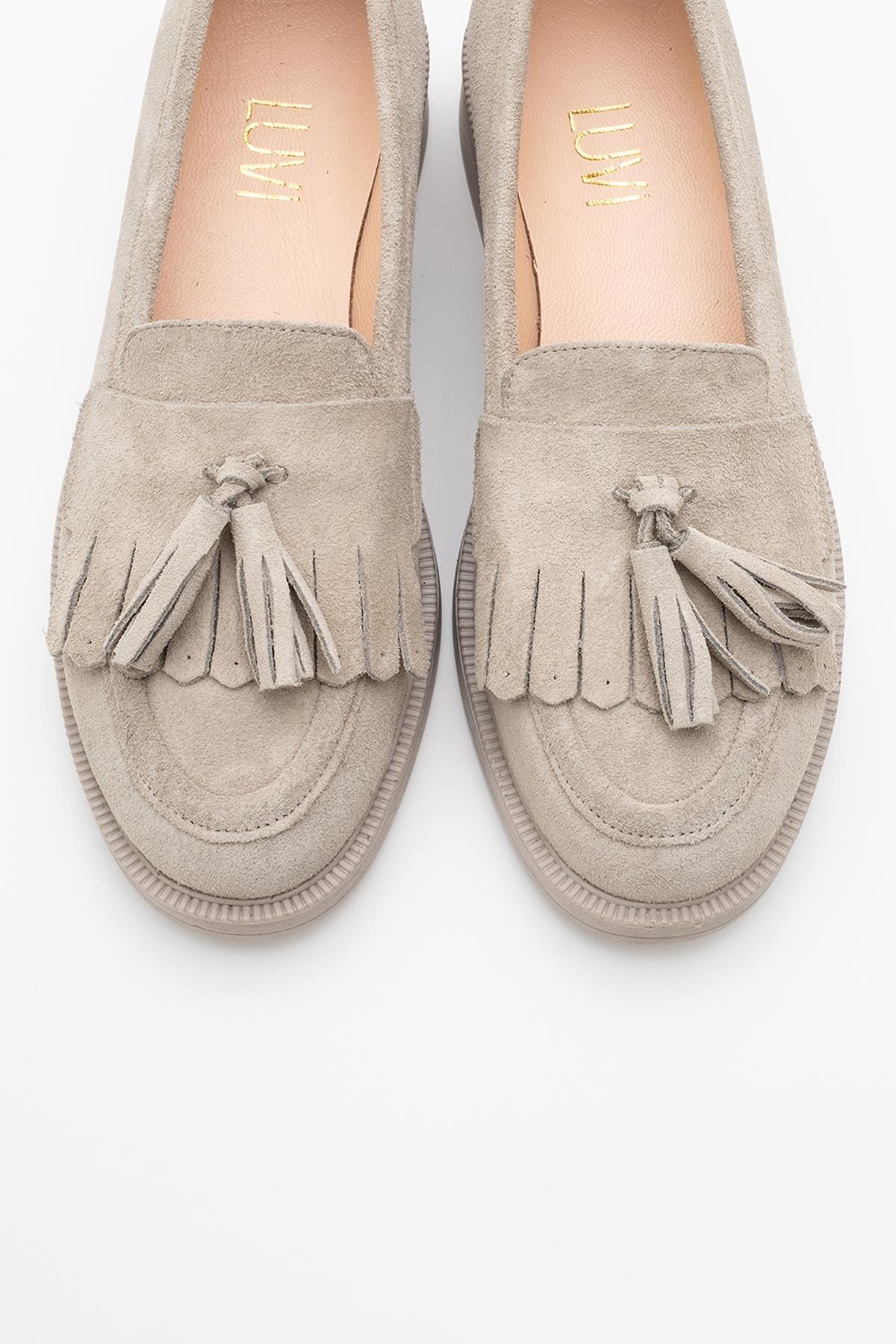 Milly - Beige Suede Leather Tassel Loafers – side view showing leather, suede, red, Vowalisse