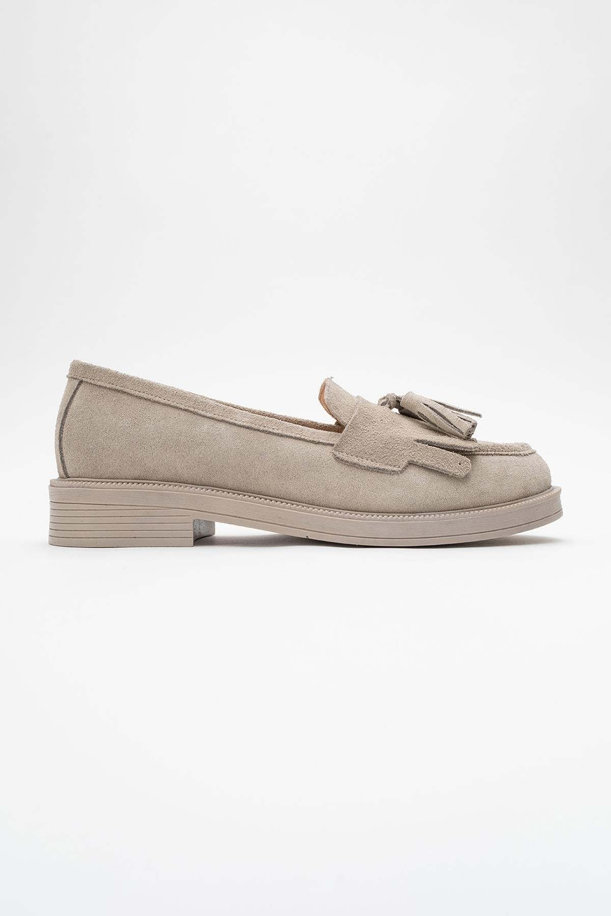 Milly - Beige Suede Leather Tassel Loafers – back view showing leather, suede, red, Vowalisse