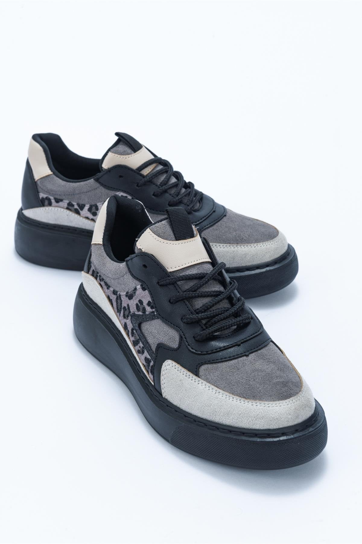 Ida - Dark Grey Platform Sneakers – side view showing leather, Vowalisse