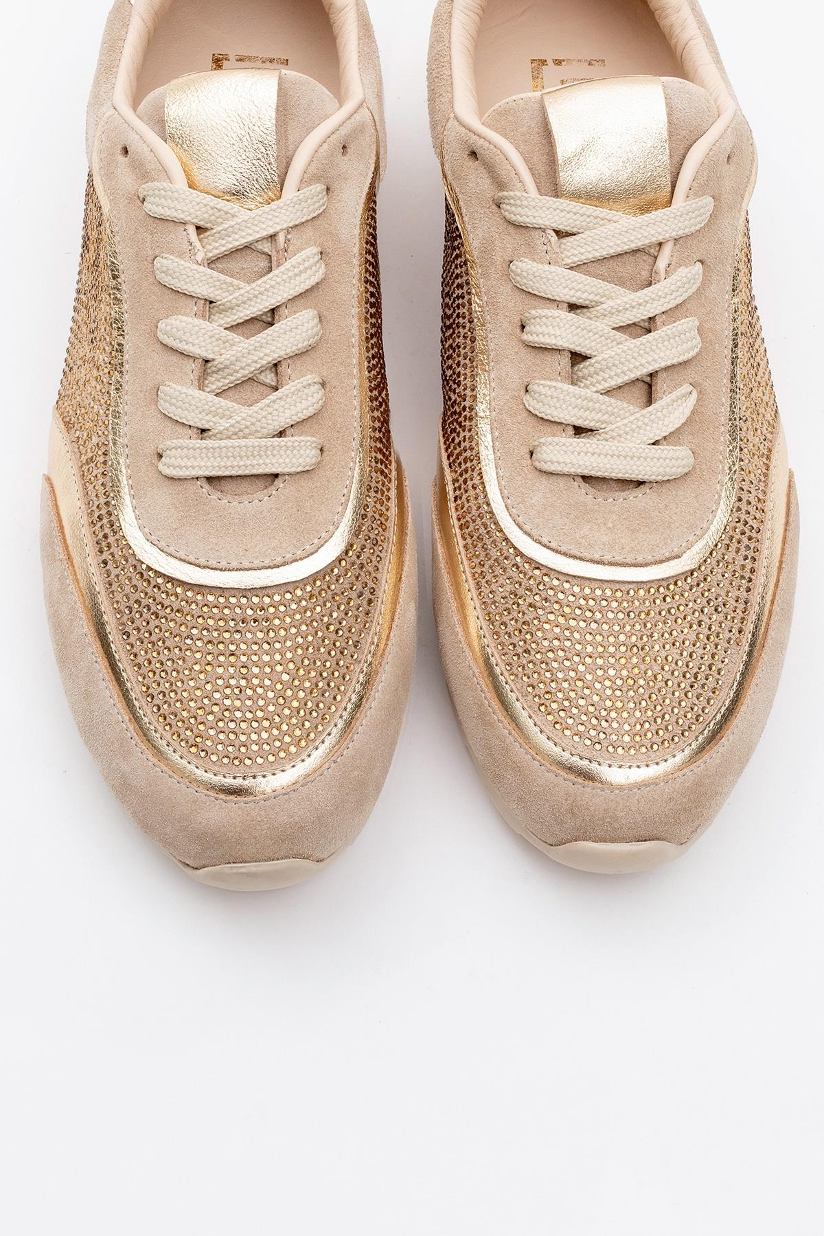 Bonia - Beige Suede Rhinestone Leather Sneakers – side view showing rhinestone, crystal, leather, Vowalisse
