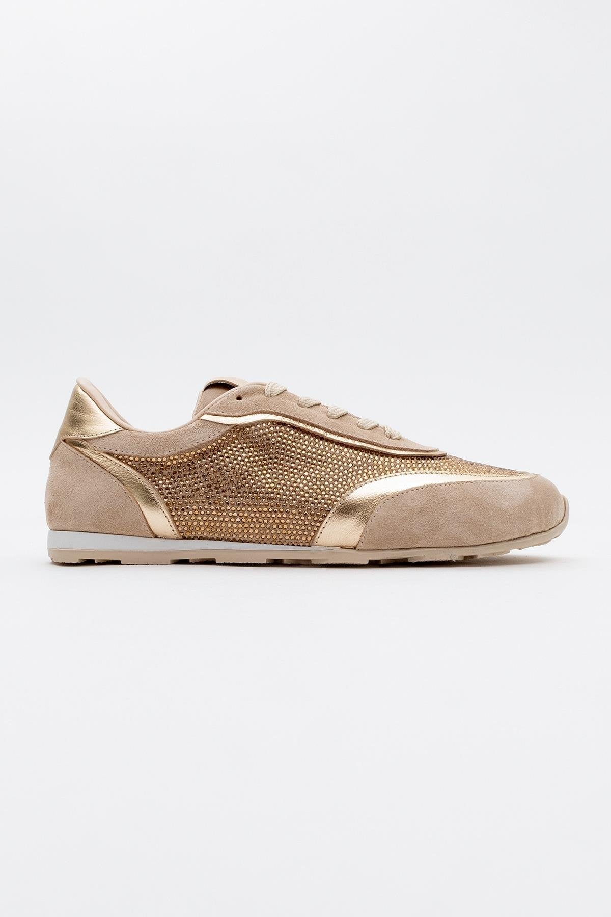 Bonia - Beige Suede Rhinestone Leather Sneakers – back view showing rhinestone, crystal, leather, Vowalisse
