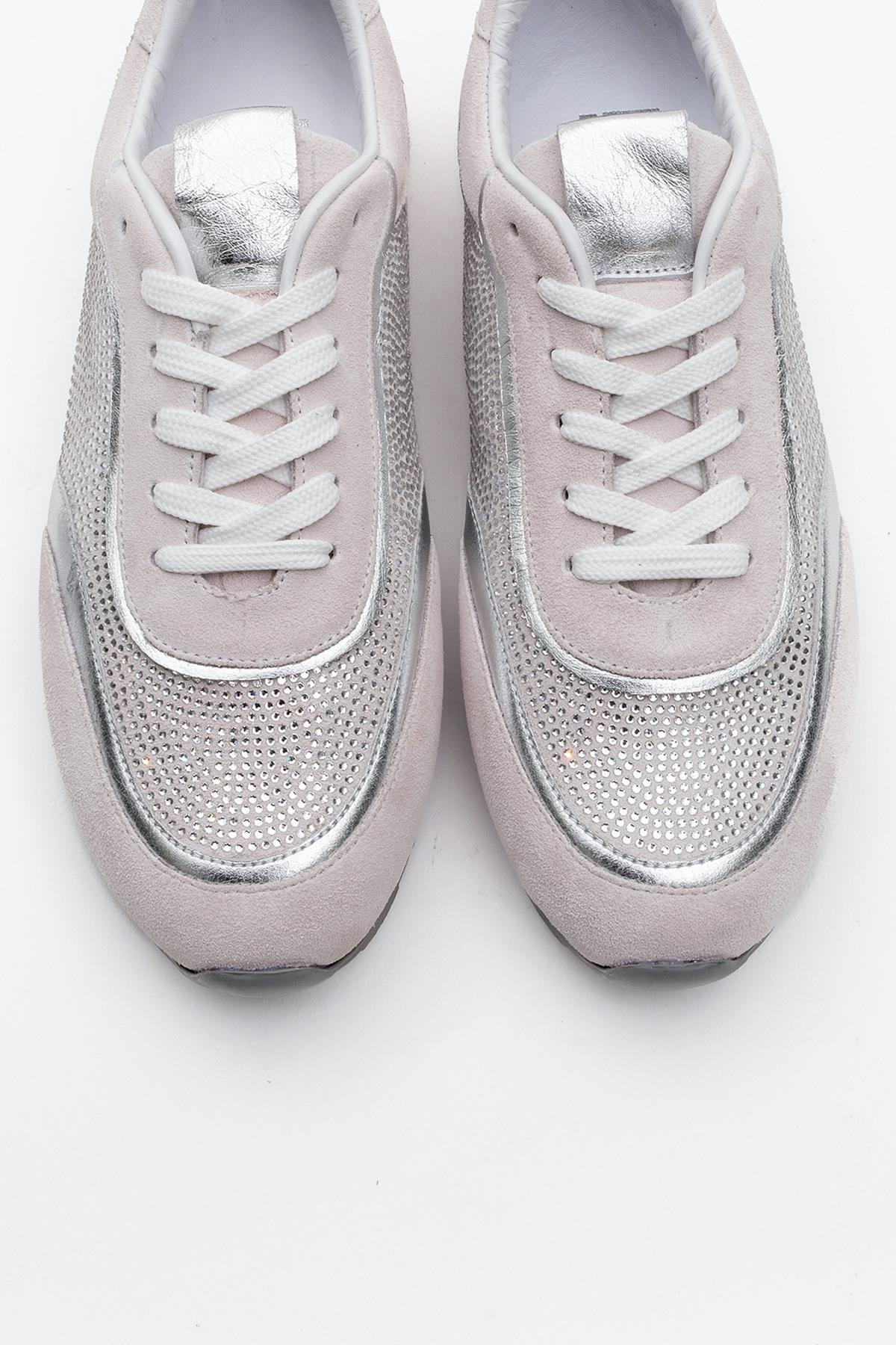 Bonia - Powder Pink Suede Rhinestone Leather Sneakers – side view showing rhinestone, crystal, leather, Vowalisse