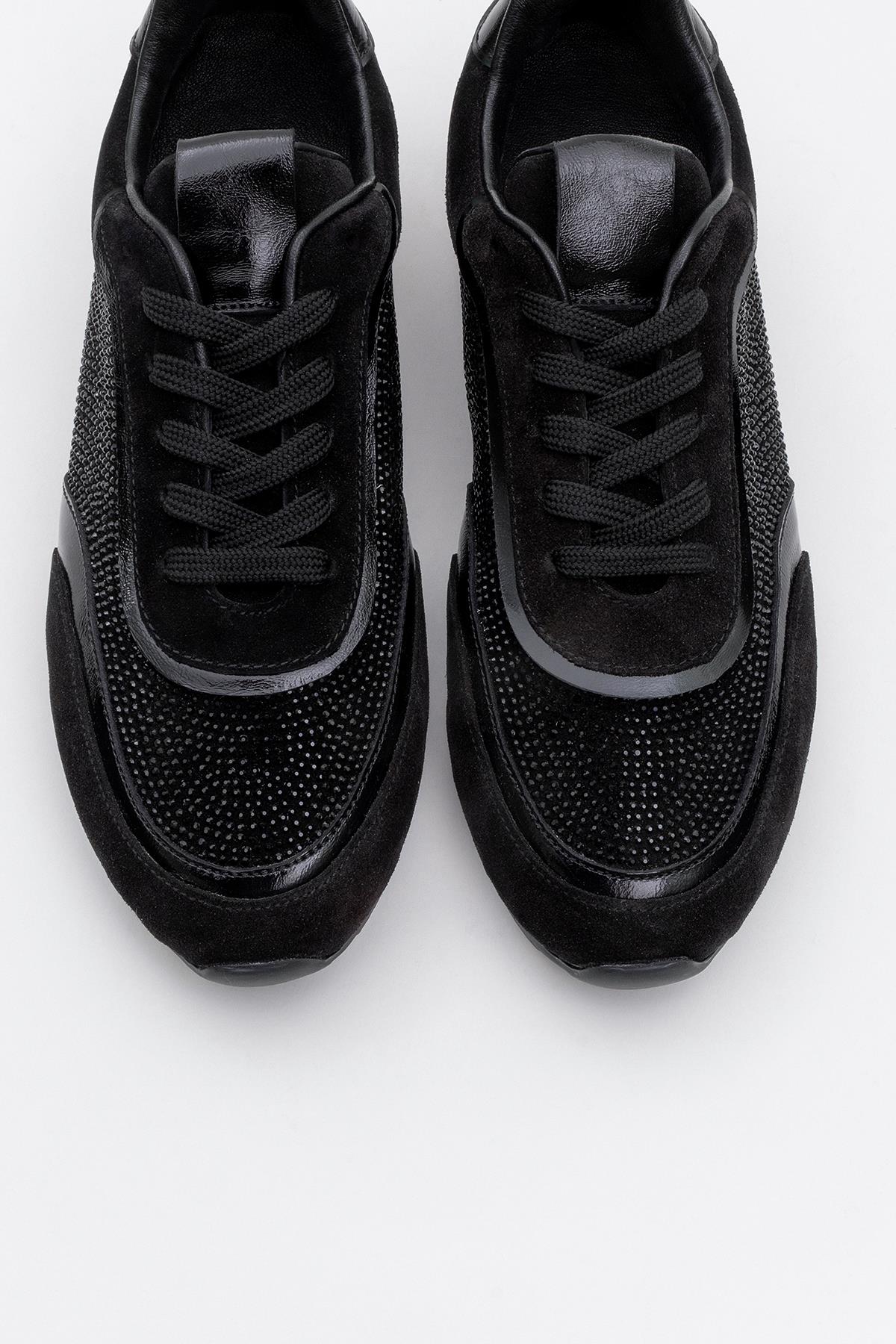 Bonia - Black Suede Rhinestone Leather Sneakers – side view showing rhinestone, crystal, leather, Vowalisse