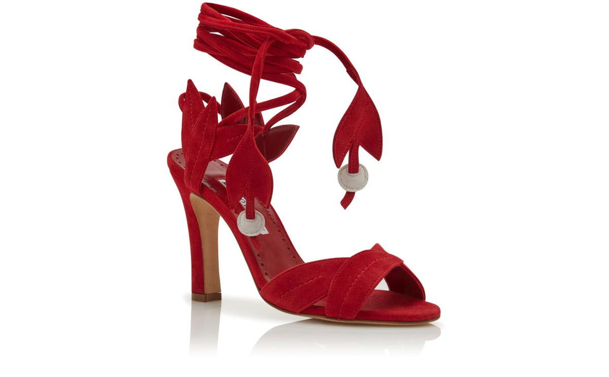 Emmeline Shine Red Open Toe Ankle-Strap Shoes – top view showing red open toe, suede, lace, Vowalisse