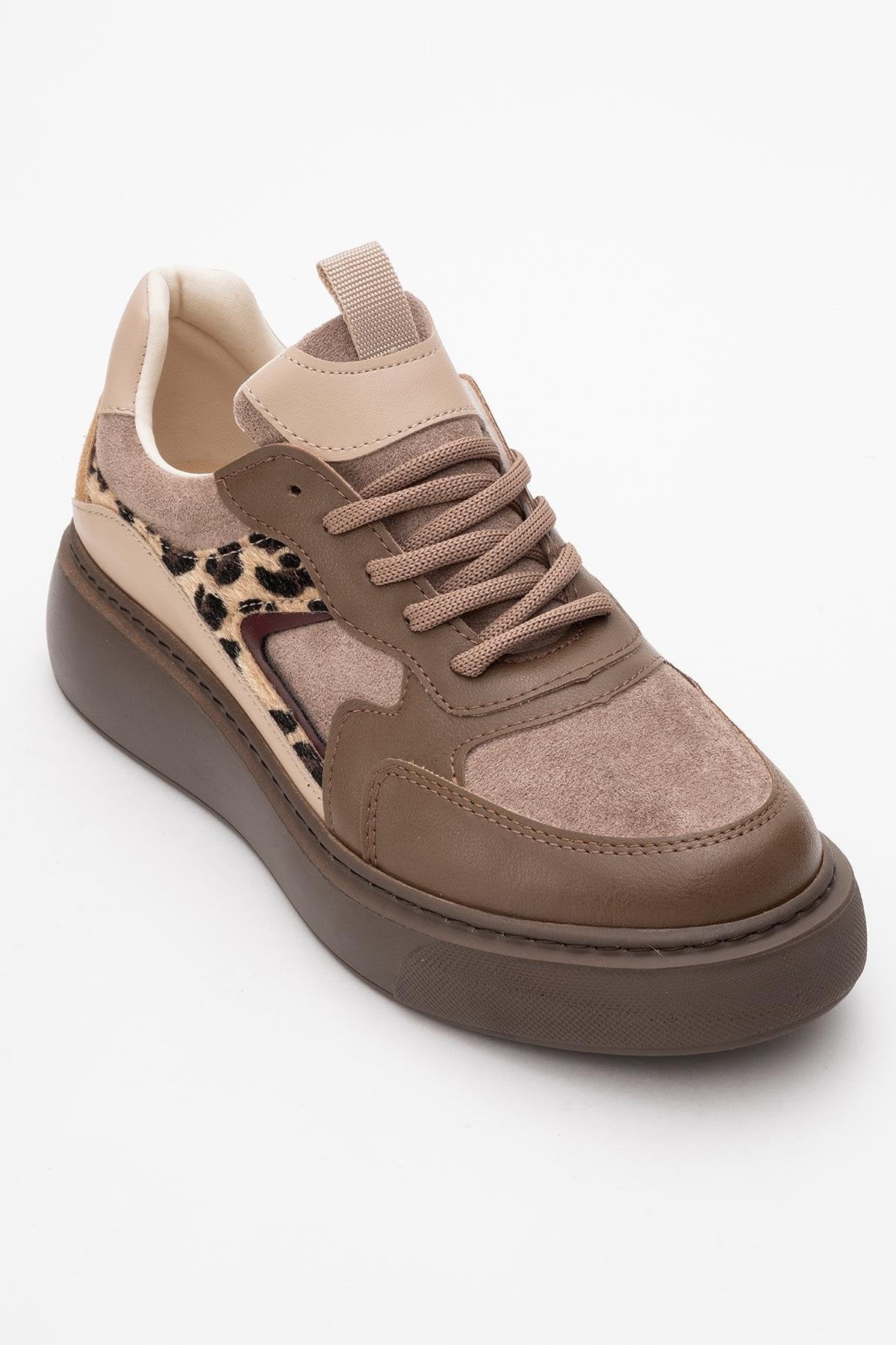 Ida - Brown Platform Sneakers – detail view showing leather, Vowalisse