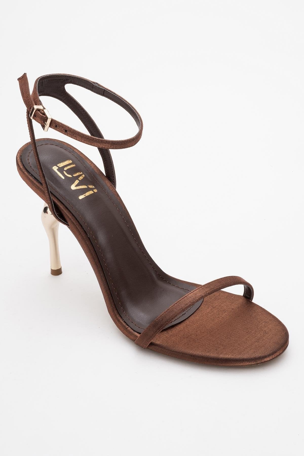 Jasmin - Cognac Satin Stiletto Pump – detail view showing satin, leather, Vowalisse