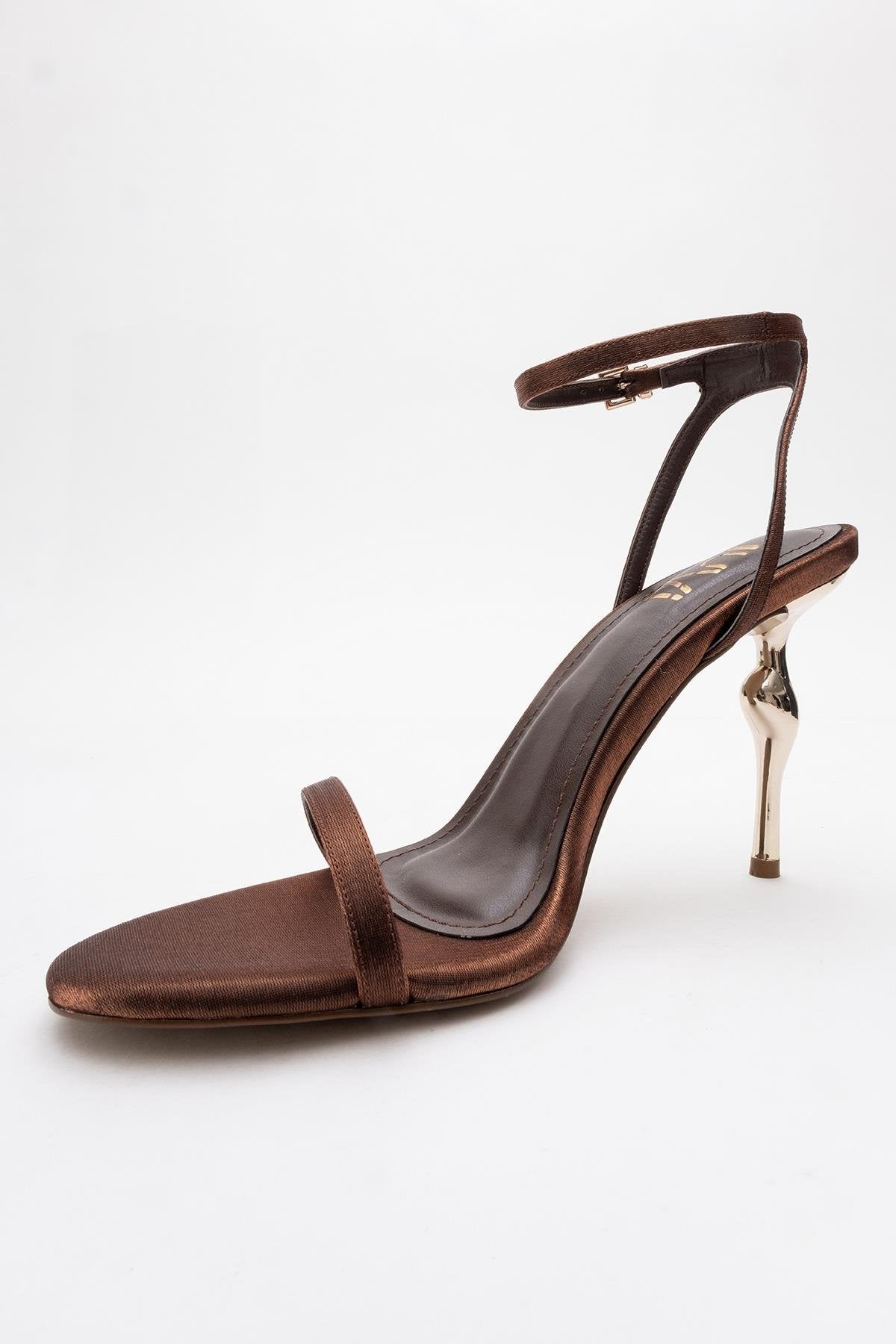 Jasmin - Cognac Satin Stiletto Pump – heel view showing satin, leather, Vowalisse