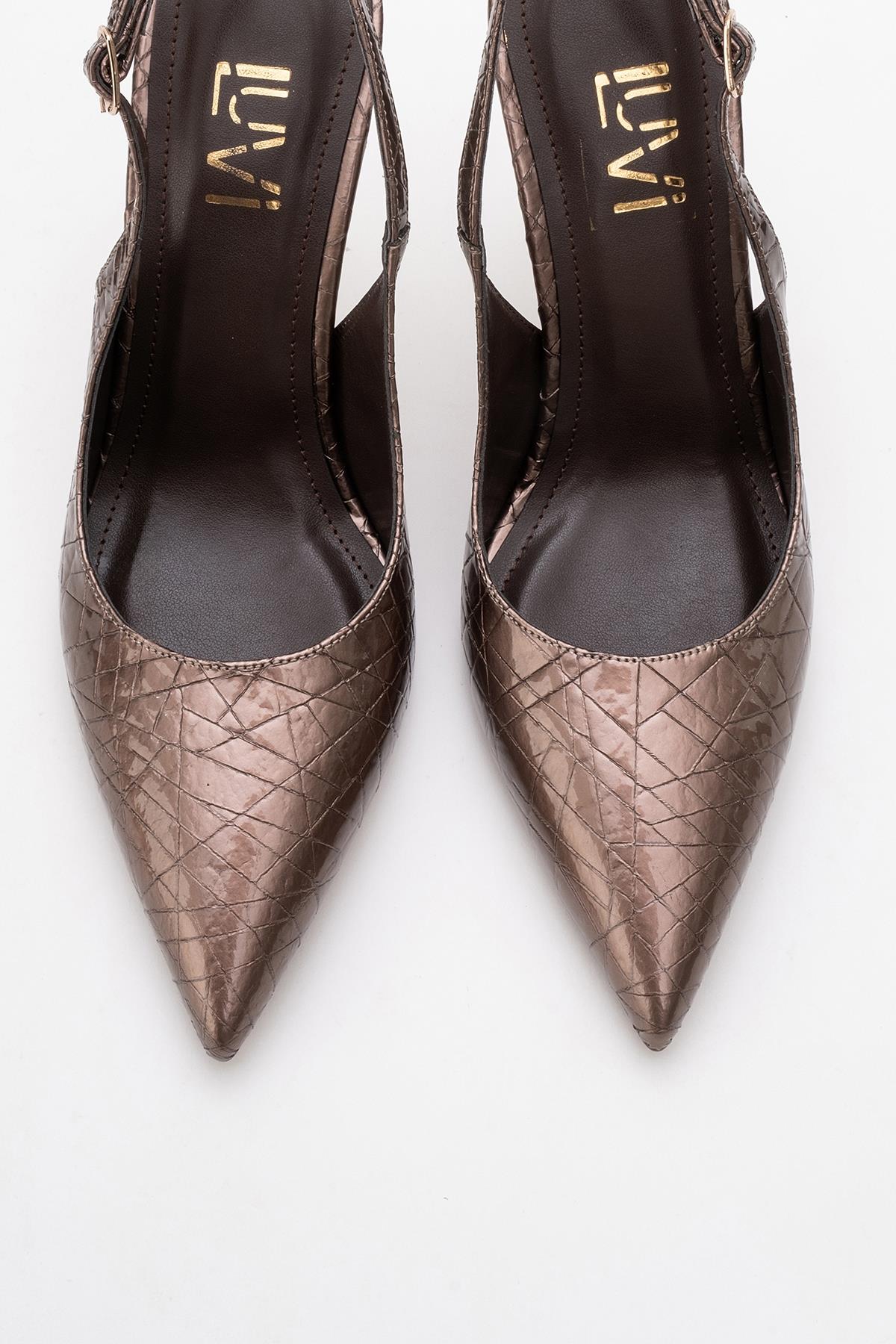 Chica - Bronze Patterned Backless Pointed High Heel – side view showing leather, metallic, Vowalisse