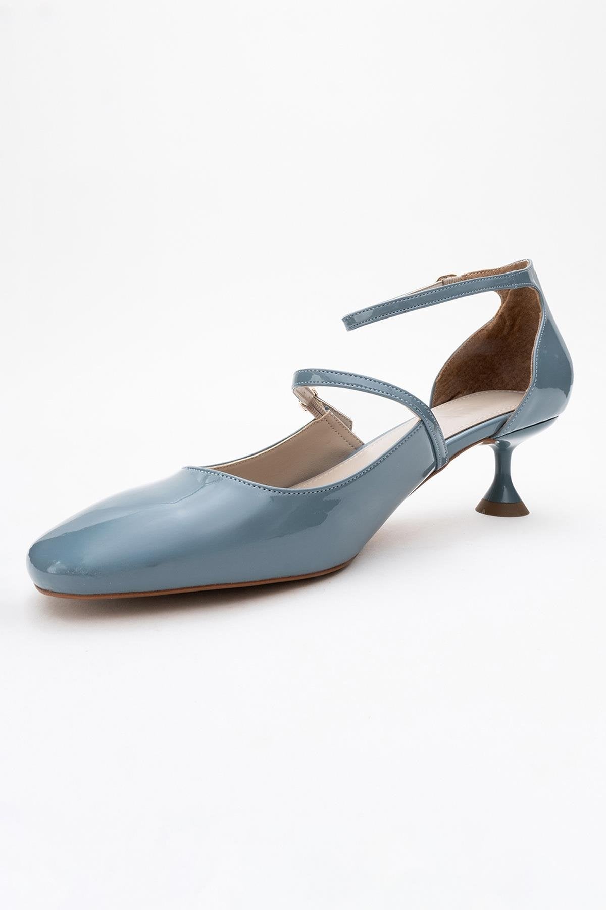 Emly - Blue Patent Round Toe Low Heel Shoe – heel view showing leather, blue, red, Vowalisse