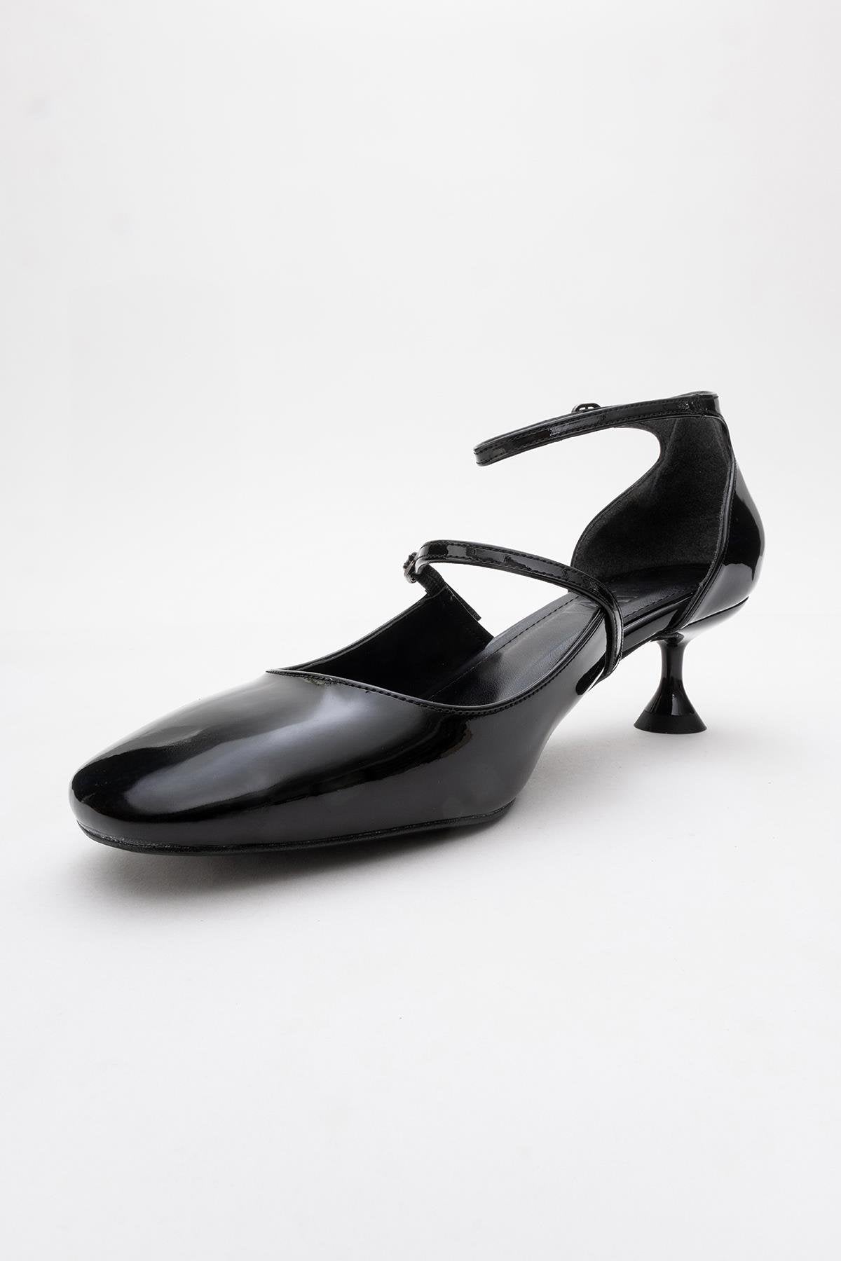 Emly - Black Square Toe Low Heel Shoe – heel view showing leather, black, red, Vowalisse