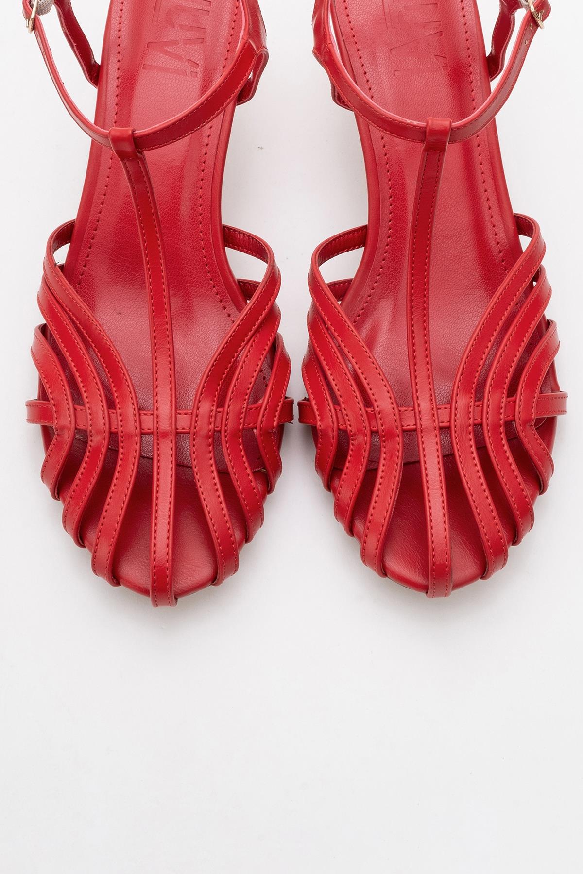 Felip - Red Strappy Low Heel Sandal – side view showing leather, red, Vowalisse