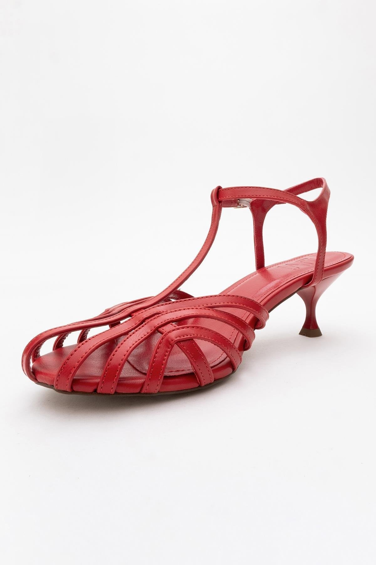 Felip - Red Strappy Low Heel Sandal – heel view showing leather, red, Vowalisse
