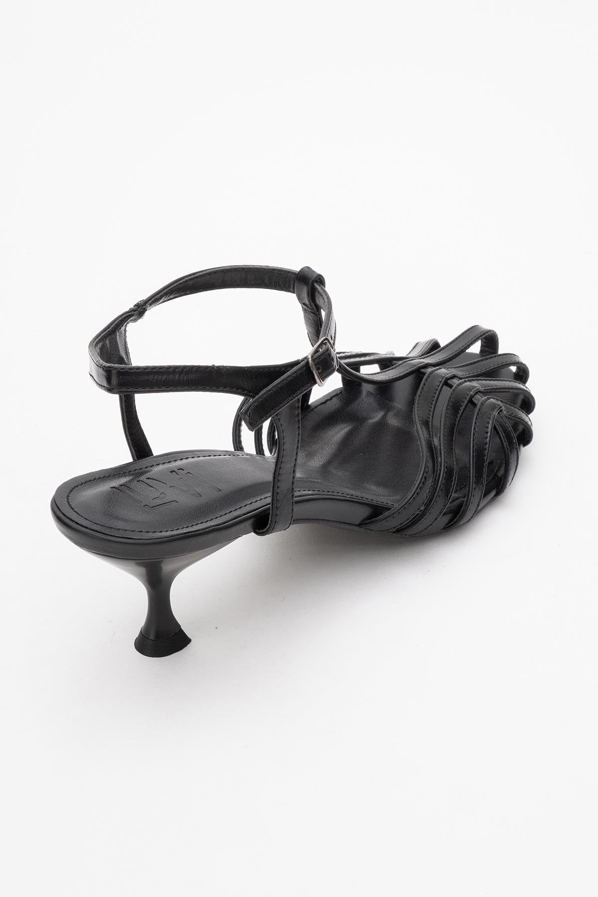 Felip - Black Strappy Low Heel Sandal – heel view showing leather, black, red, Vowalisse