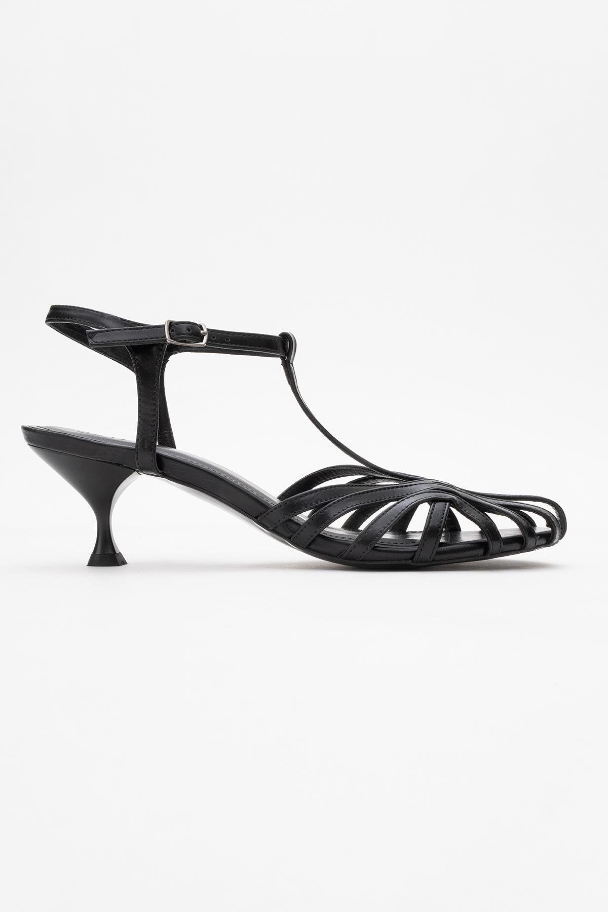 Felip - Black Strappy Low Heel Sandal – top view showing leather, black, red, Vowalisse
