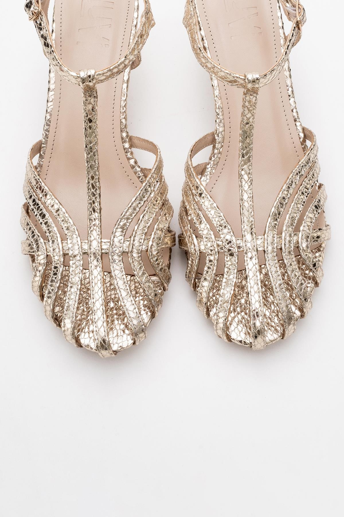 Felip - Gold Patterned Strappy Low Heel Sandal – side view showing leather, gold, Vowalisse