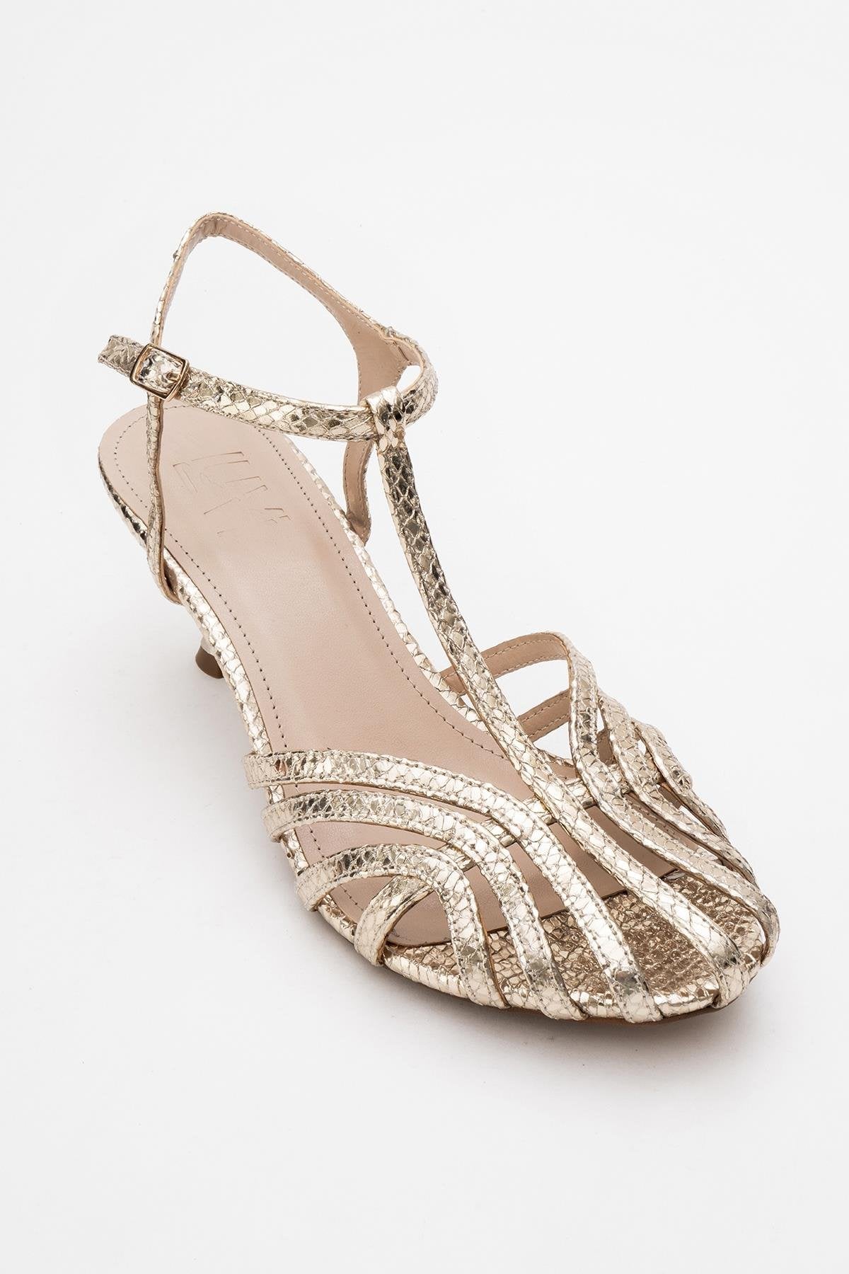 Felip - Gold Patterned Strappy Low Heel Sandal – detail view showing leather, gold, Vowalisse