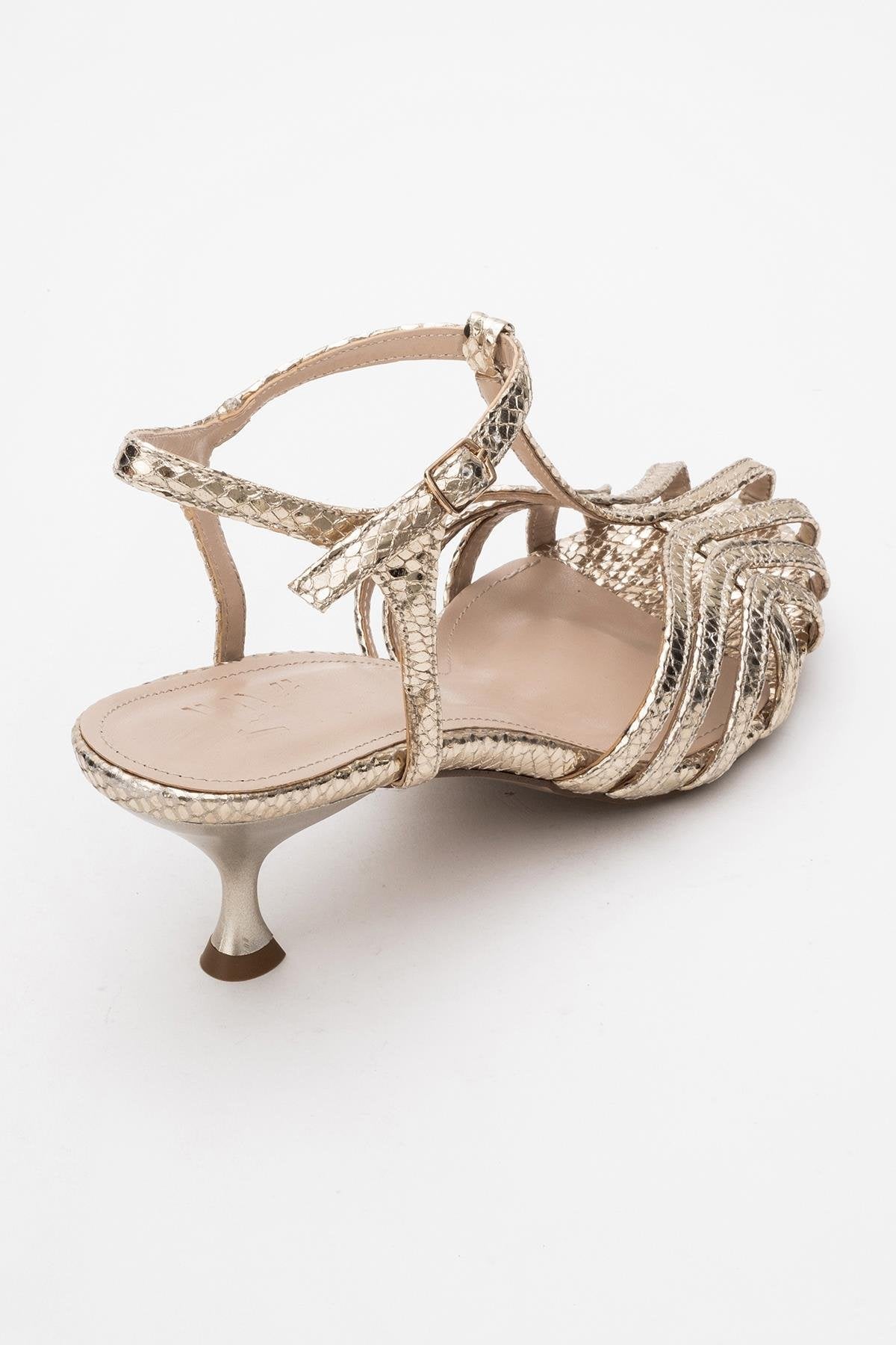 Felip - Gold Patterned Strappy Low Heel Sandal – back view showing leather, gold, Vowalisse