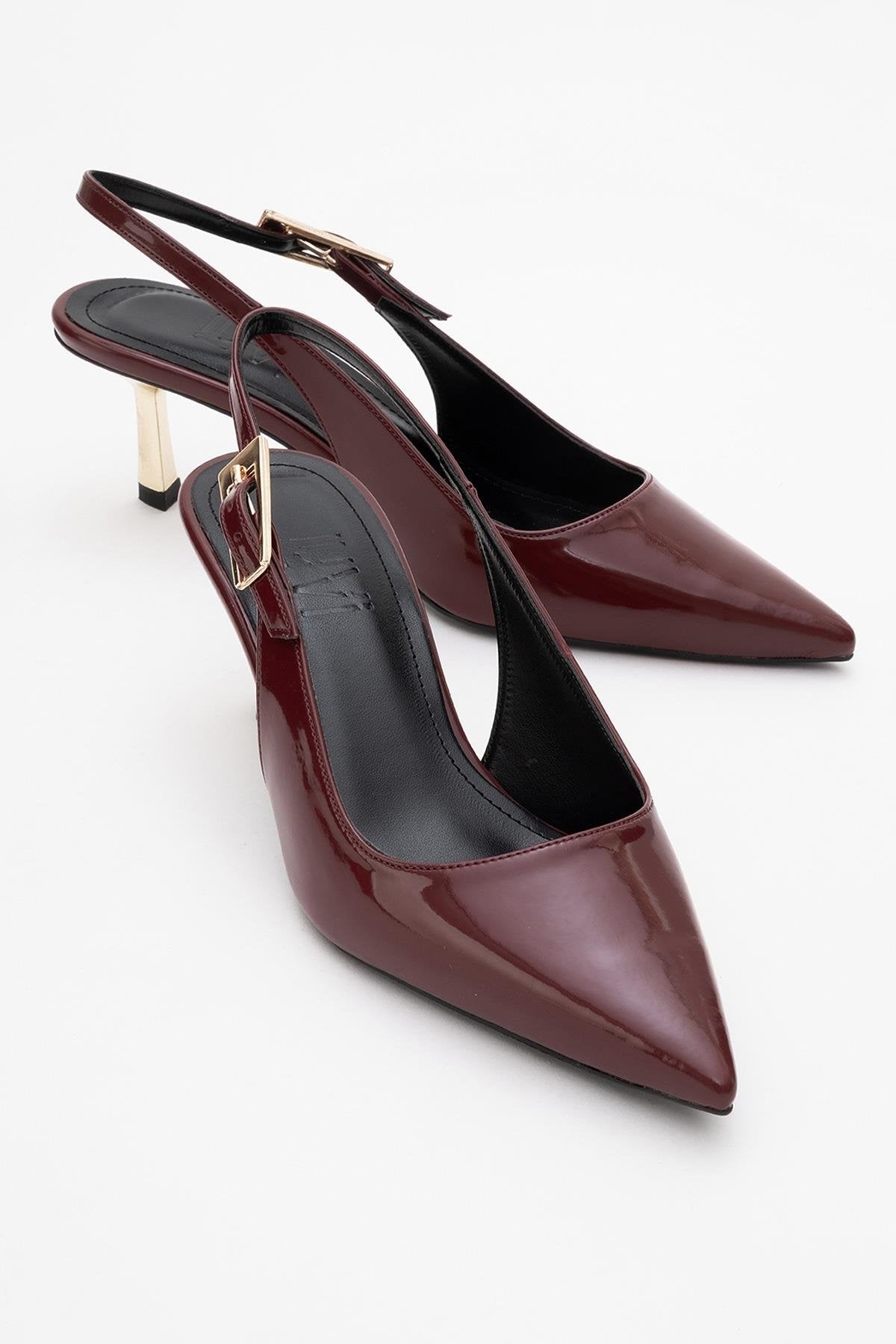 Arty - Burgundy Patent Pointed Toe Slingback Stiletto – front three-quarter view showing leather, Vowalisse