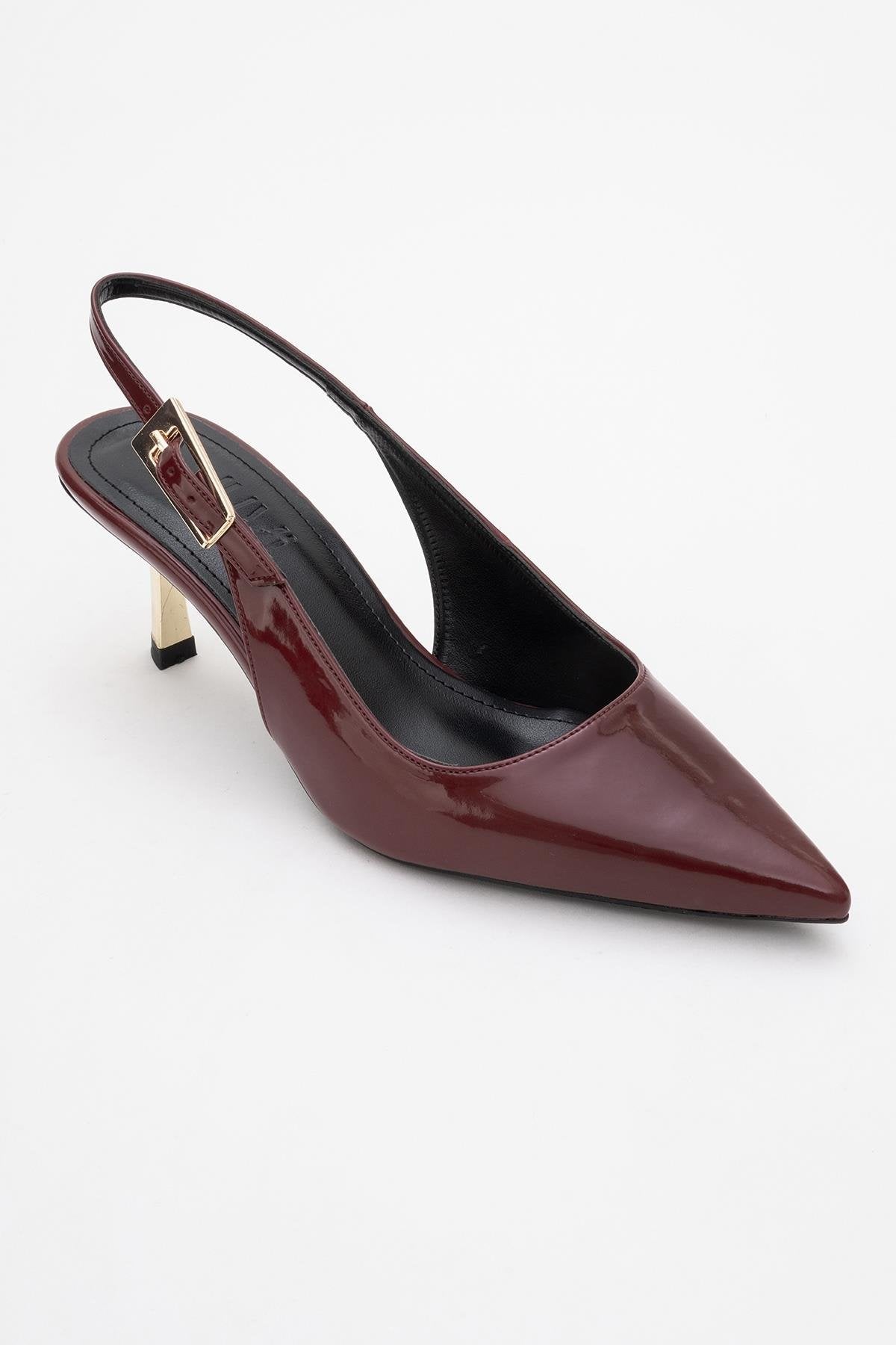 Arty - Burgundy Patent Pointed Toe Slingback Stiletto – detail view showing leather, Vowalisse