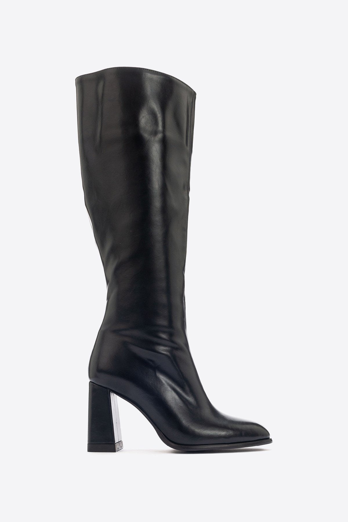 Decer - Black Heeled Boot – top view showing leather, black, Vowalisse