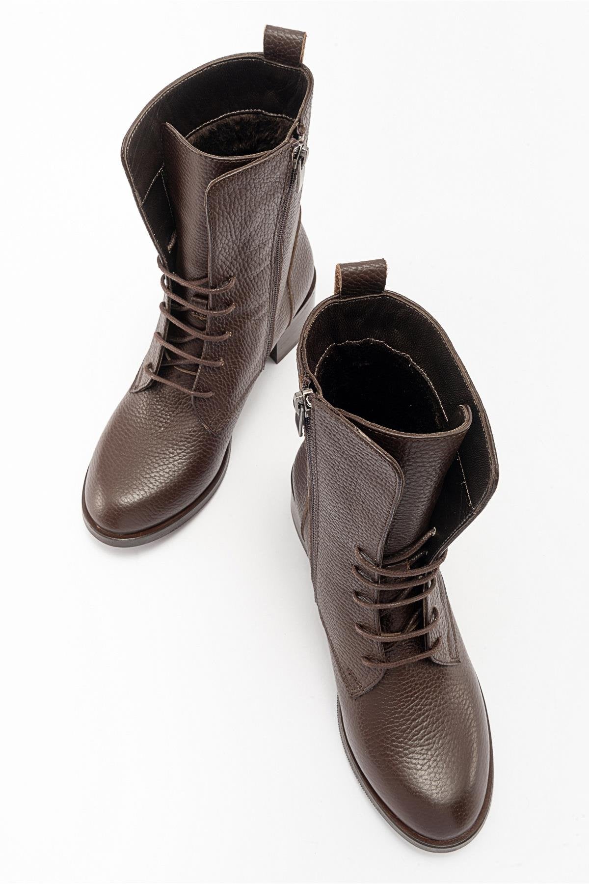 Lana Brown Leather Boot – heel view showing leather, Vowalisse