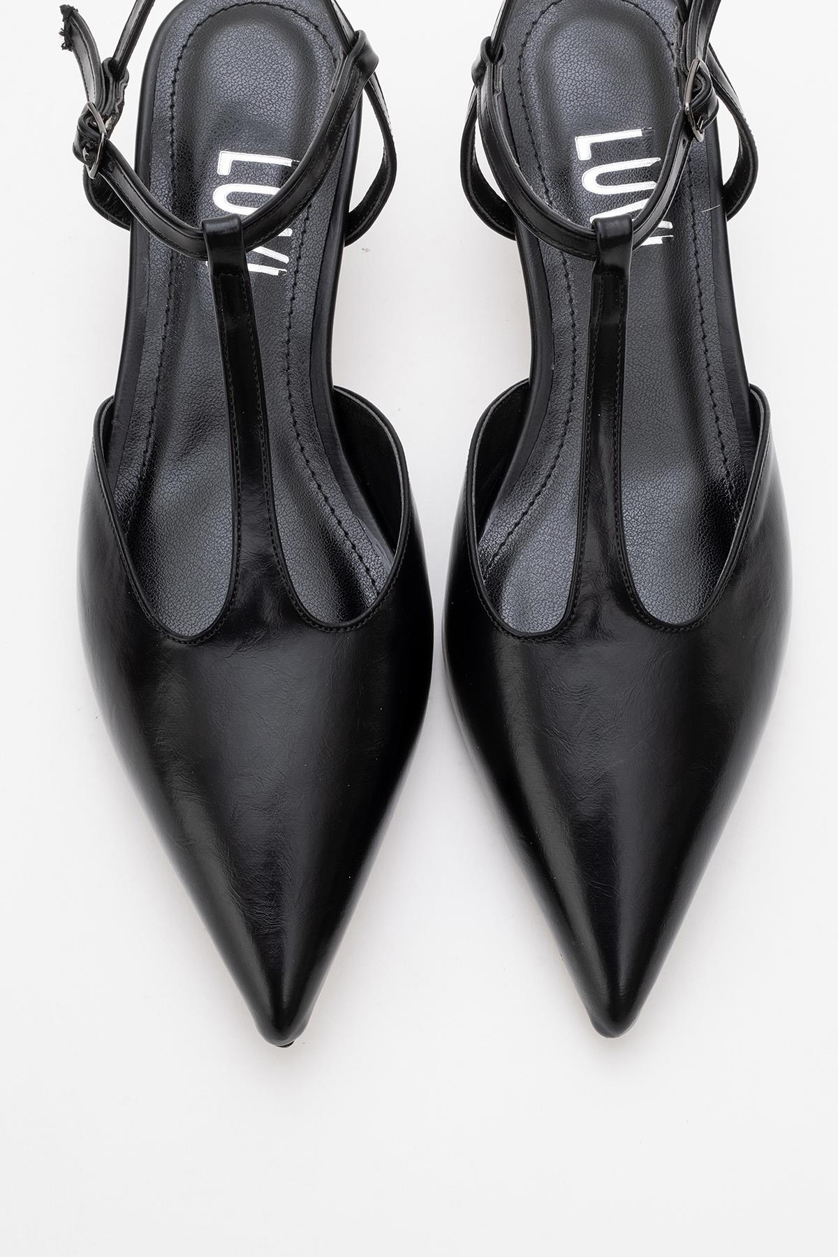 Asher - Black Pointed Toe Open Back Low Heel Shoe – side view showing leather, black, Vowalisse