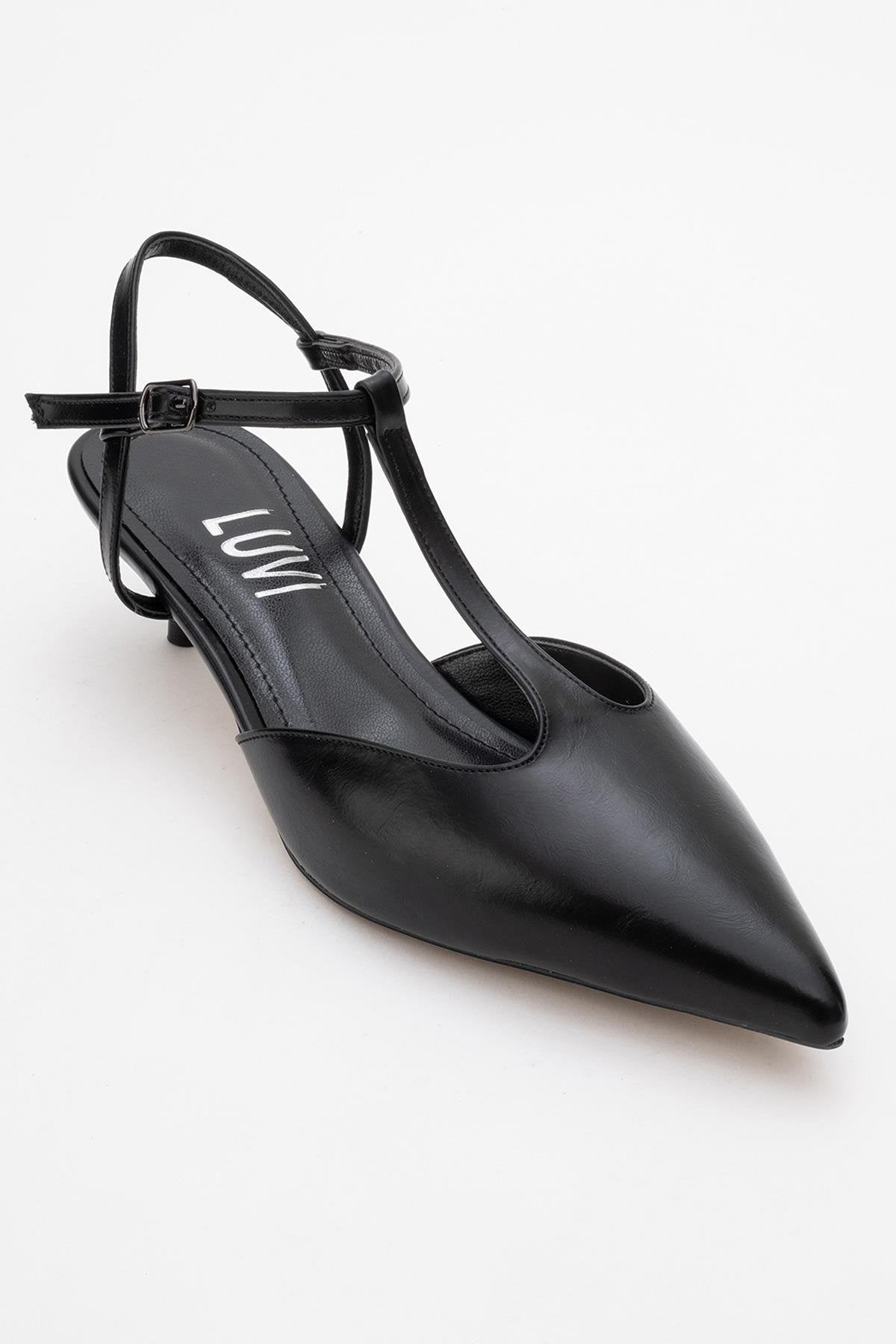 Asher - Black Pointed Toe Open Back Low Heel Shoe – detail view showing leather, black, Vowalisse