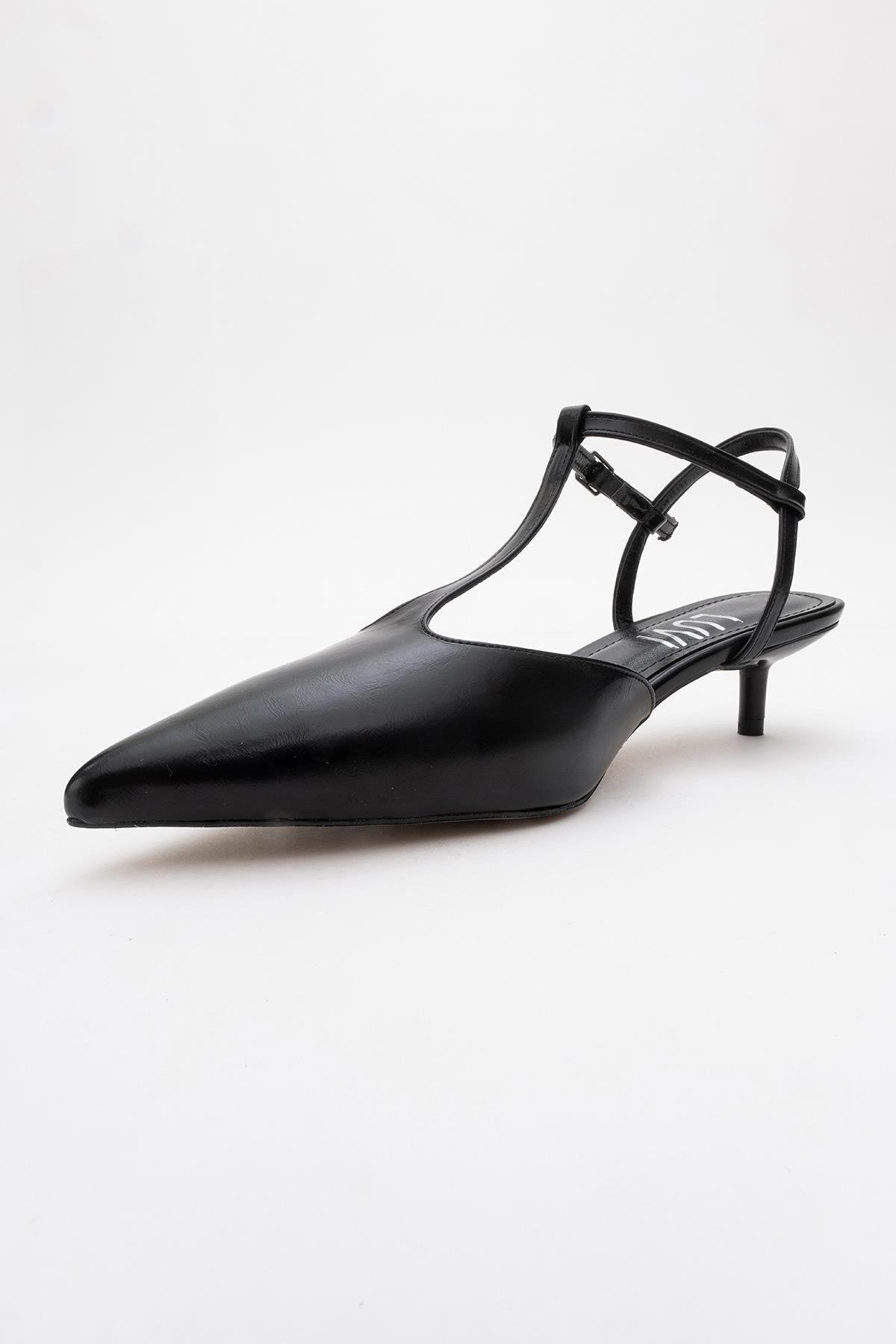 Asher - Black Pointed Toe Open Back Low Heel Shoe – heel view showing leather, black, Vowalisse