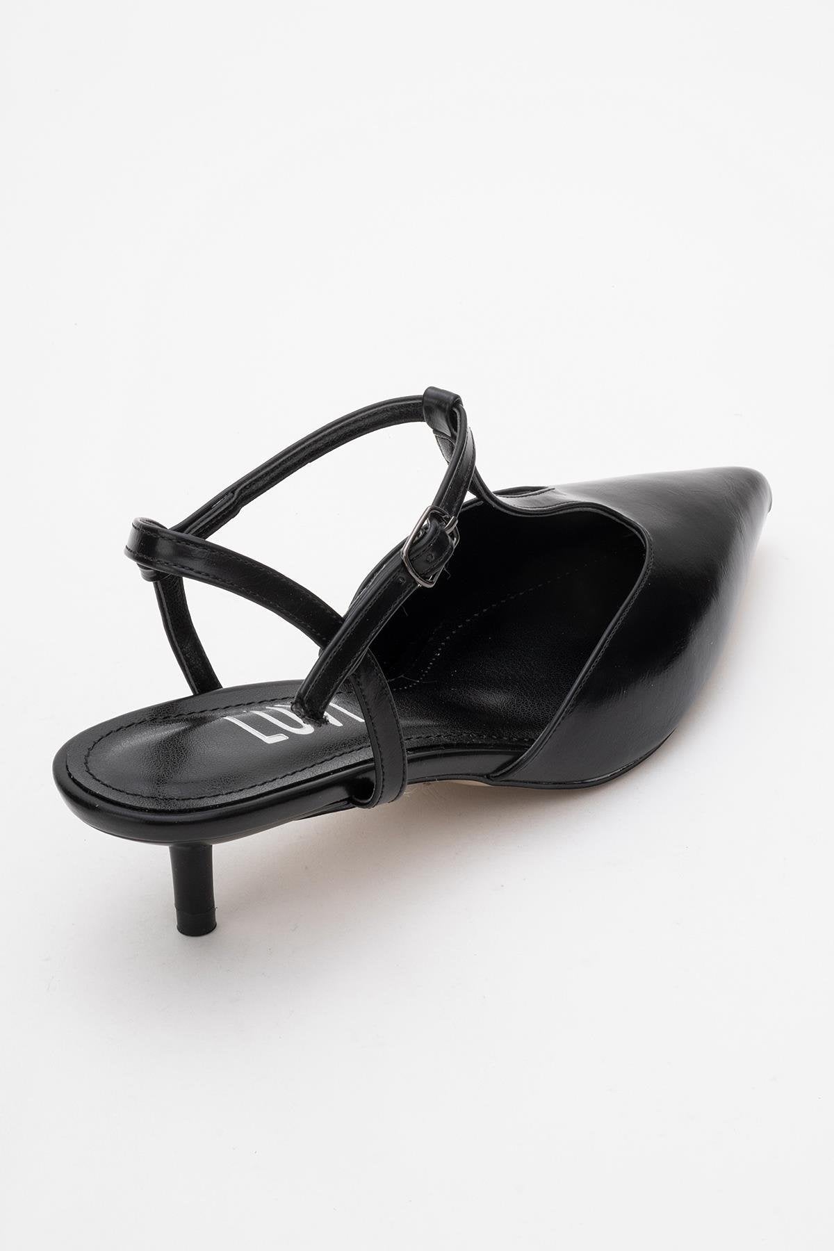 Asher - Black Pointed Toe Open Back Low Heel Shoe – back view showing leather, black, Vowalisse