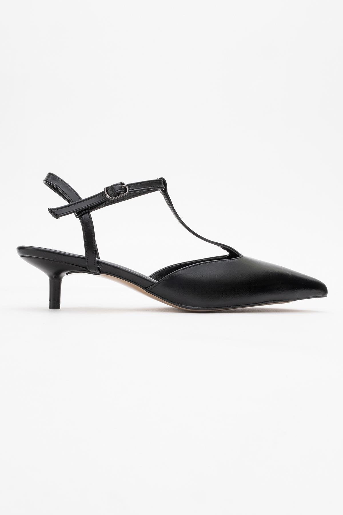 Asher - Black Pointed Toe Open Back Low Heel Shoe – top view showing leather, black, Vowalisse