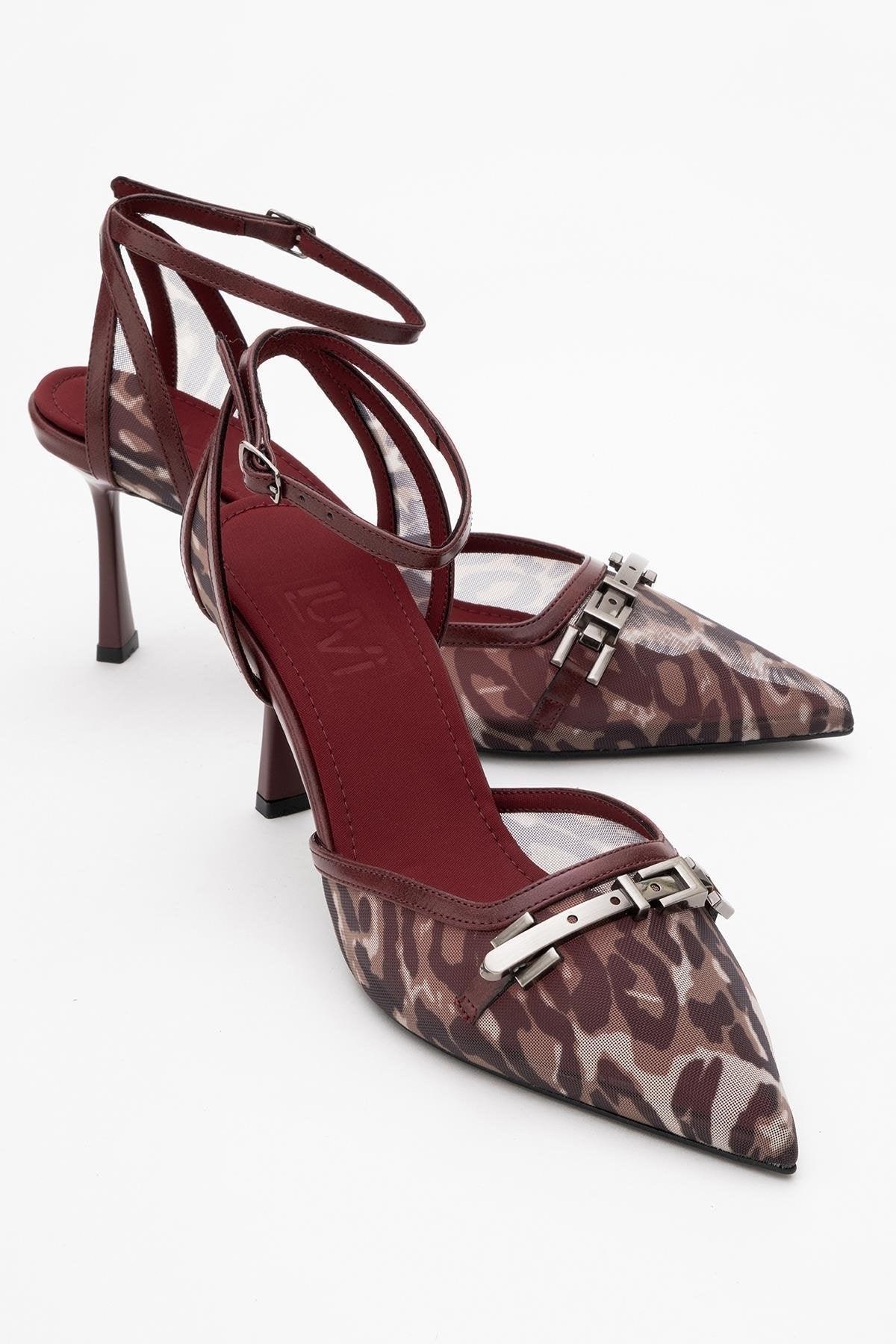 Giorno - Burgundy Patterned Mesh Ankle-Strap Stiletto – front three-quarter view showing leather, mesh, Vowalisse