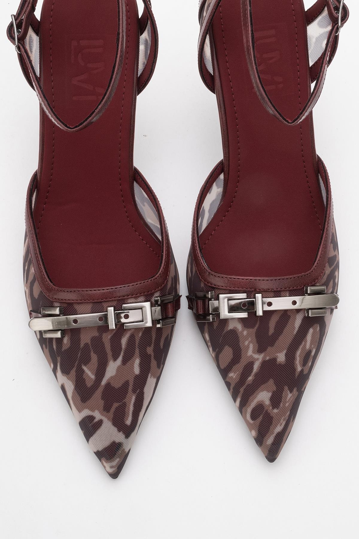 Giorno - Burgundy Patterned Mesh Ankle-Strap Stiletto – side view showing leather, mesh, Vowalisse