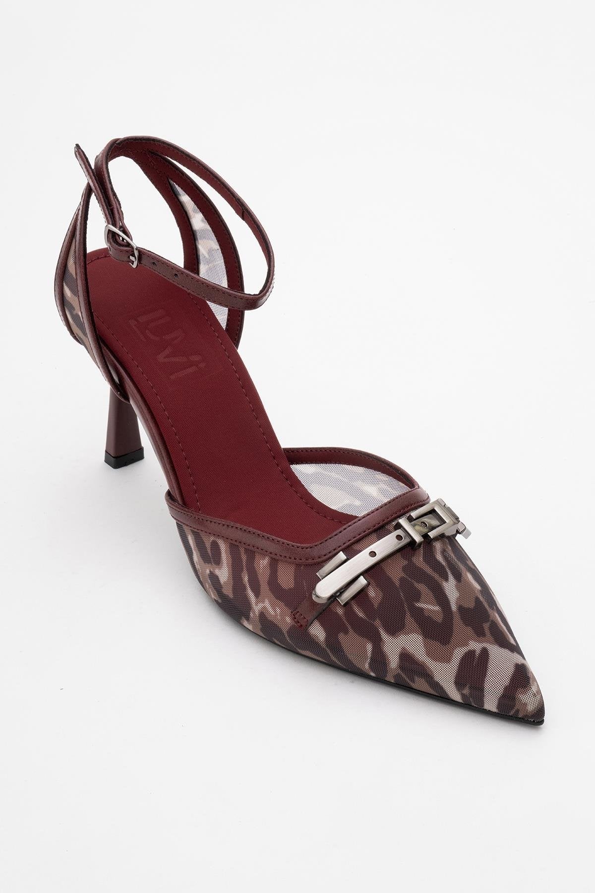 Giorno - Burgundy Patterned Mesh Ankle-Strap Stiletto – detail view showing leather, mesh, Vowalisse