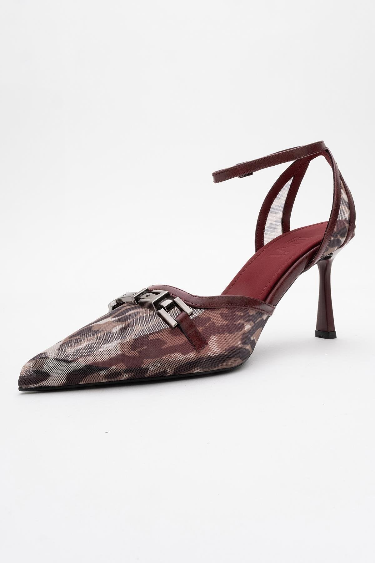 Giorno - Burgundy Patterned Mesh Ankle-Strap Stiletto – heel view showing leather, mesh, Vowalisse