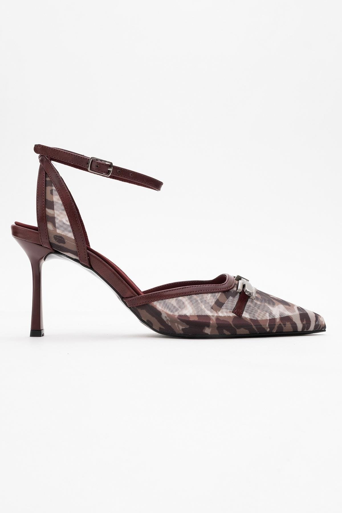 Giorno - Burgundy Patterned Mesh Ankle-Strap Stiletto – top view showing leather, mesh, Vowalisse