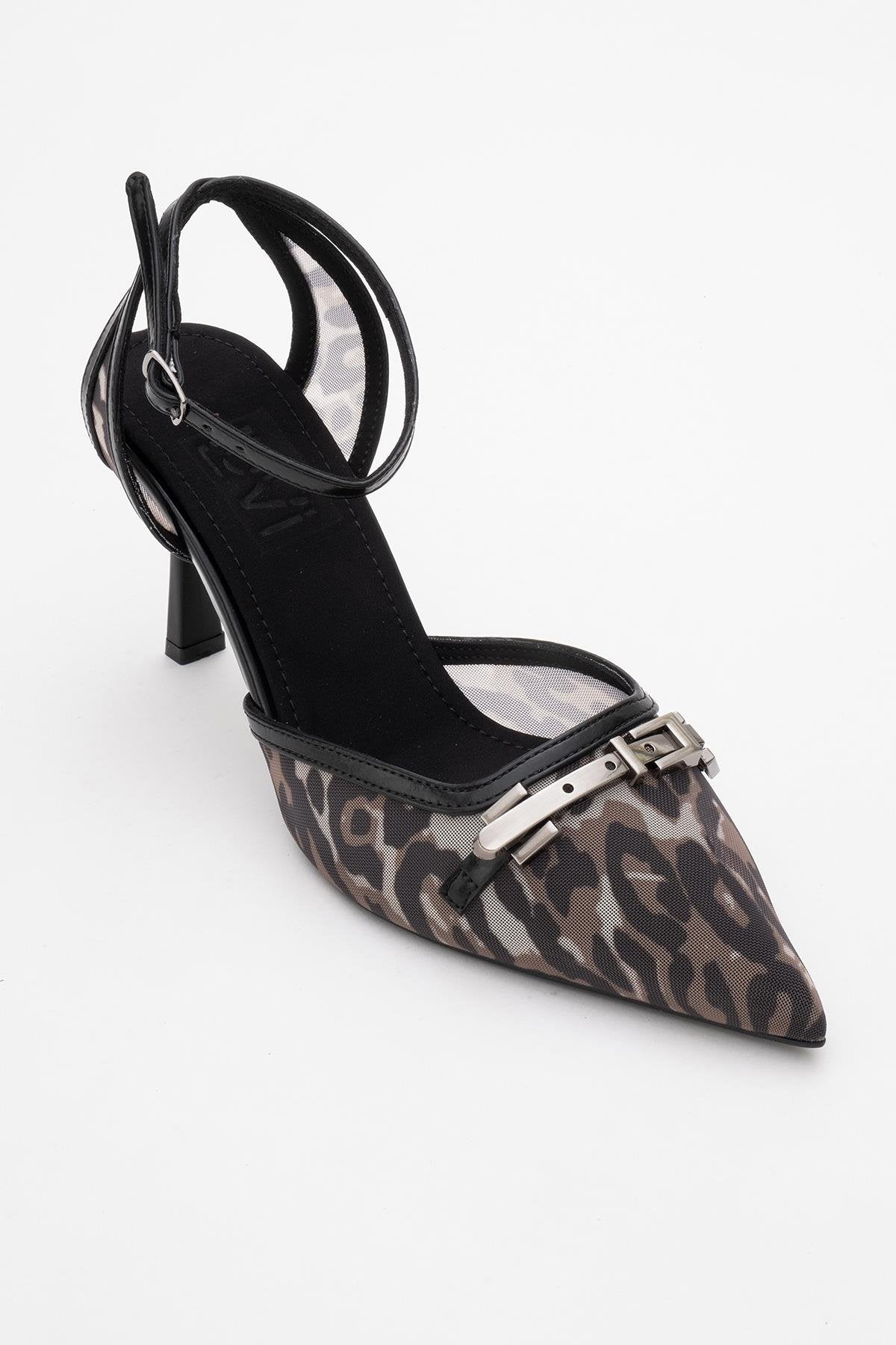 Giorno - Black Patterned Mesh Ankle-Strap Stiletto – detail view showing leather, mesh, black, Vowalisse
