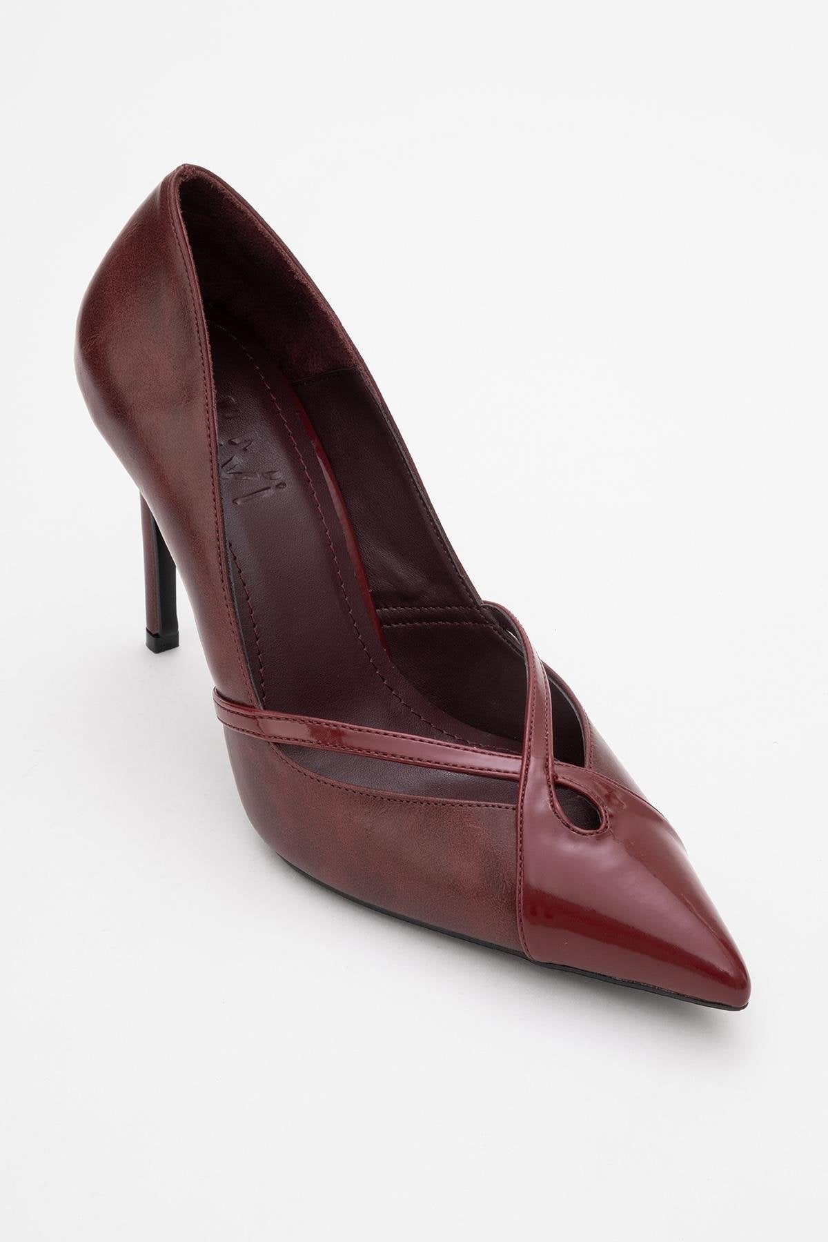 Ruby - Burgundy Patent Detail High Heel Shoe – detail view showing leather, Vowalisse