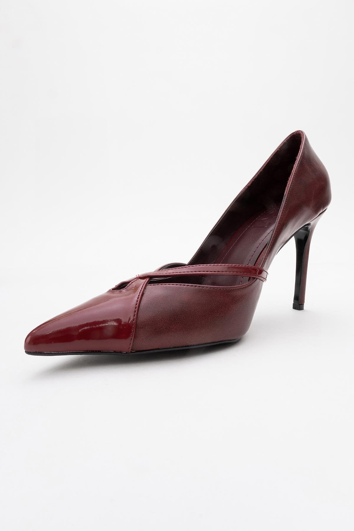 Ruby - Burgundy Patent Detail High Heel Shoe – heel view showing leather, Vowalisse