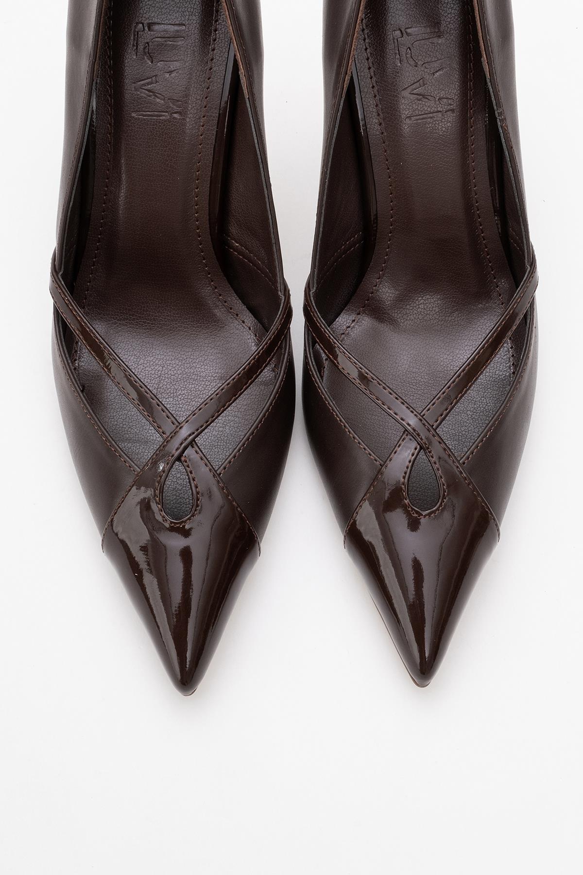 Ruby - Brown Patent Detail High Heel Shoe – side view showing leather, Vowalisse