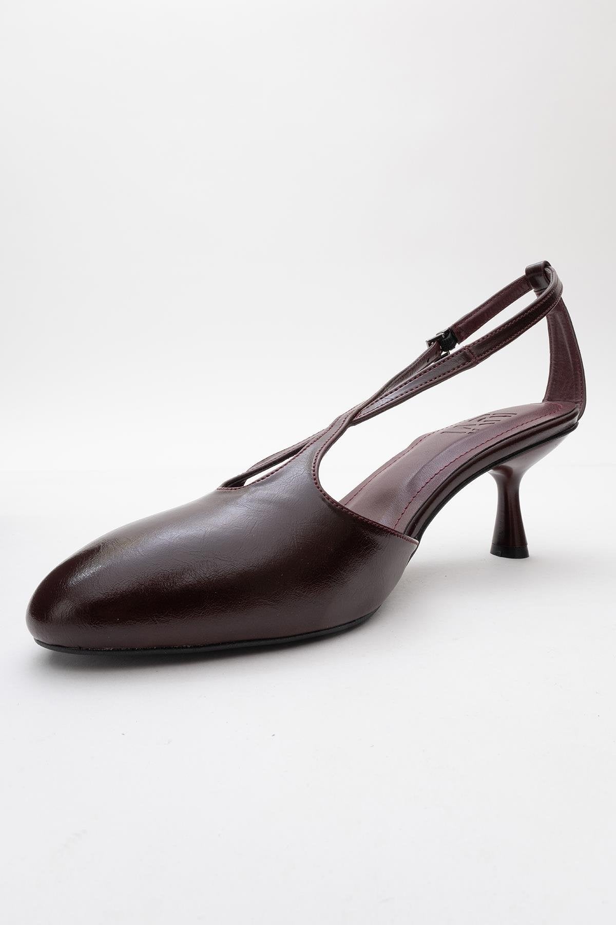 Agves - Burgundy Heeled Sandal – heel view showing leather, Vowalisse
