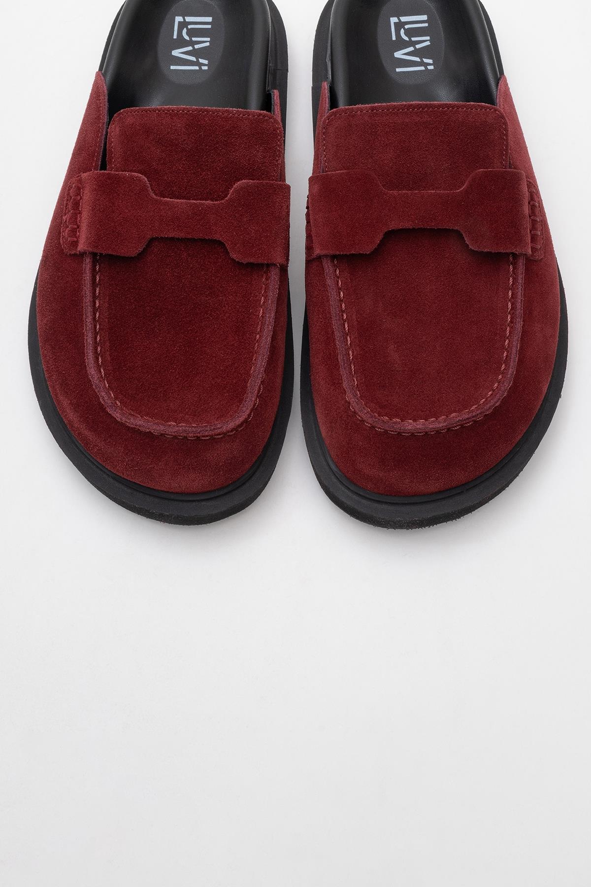 Laven - Suede Burgundy Leather Clogs – side view showing leather, suede, red, Vowalisse